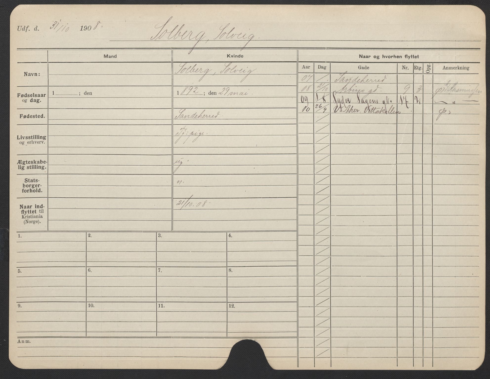 Oslo folkeregister, Registerkort, AV/SAO-A-11715/F/Fa/Fac/L0024: Kvinner, 1906-1914, p. 99a