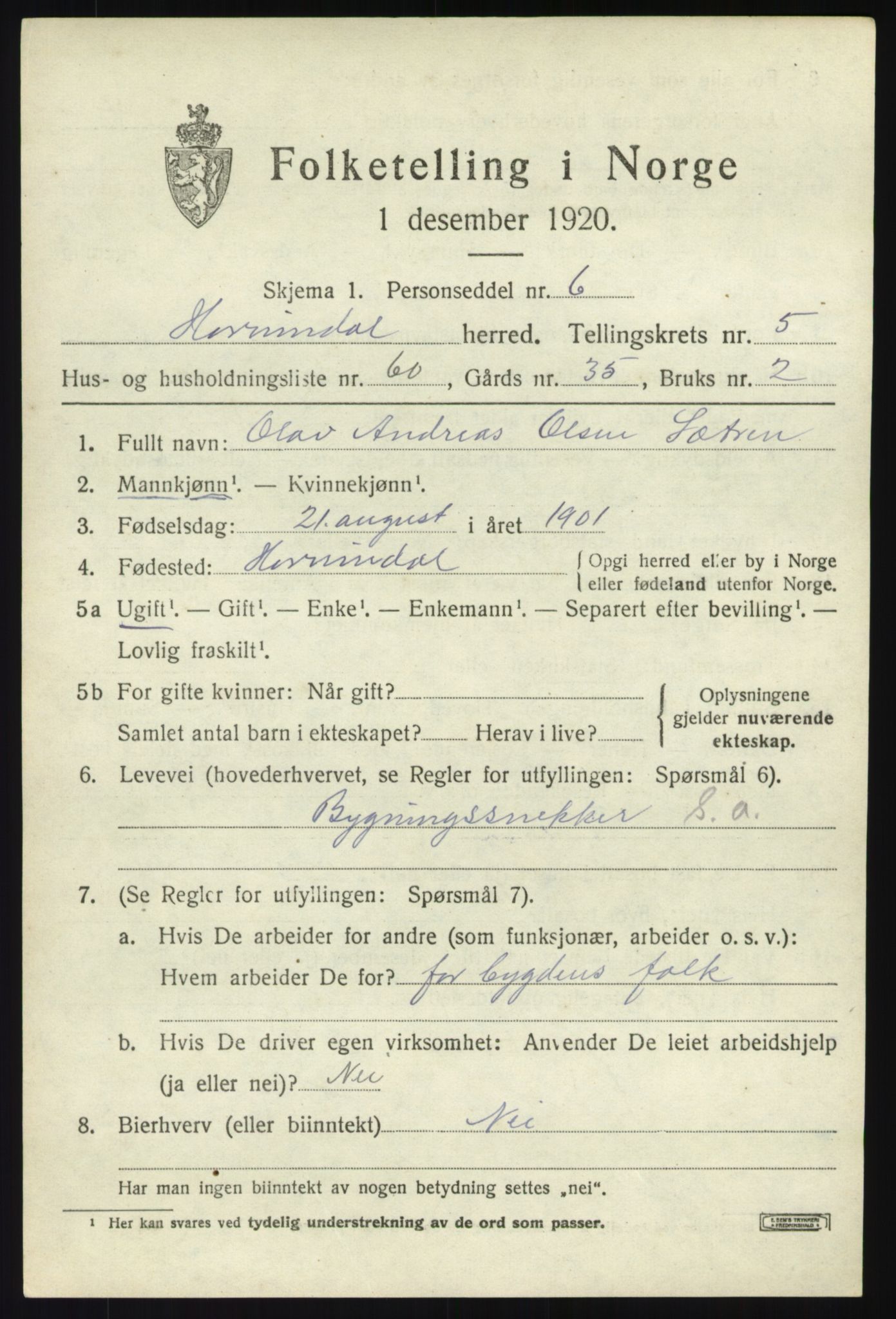 SAB, 1920 census for Hornindal, 1920, p. 3122