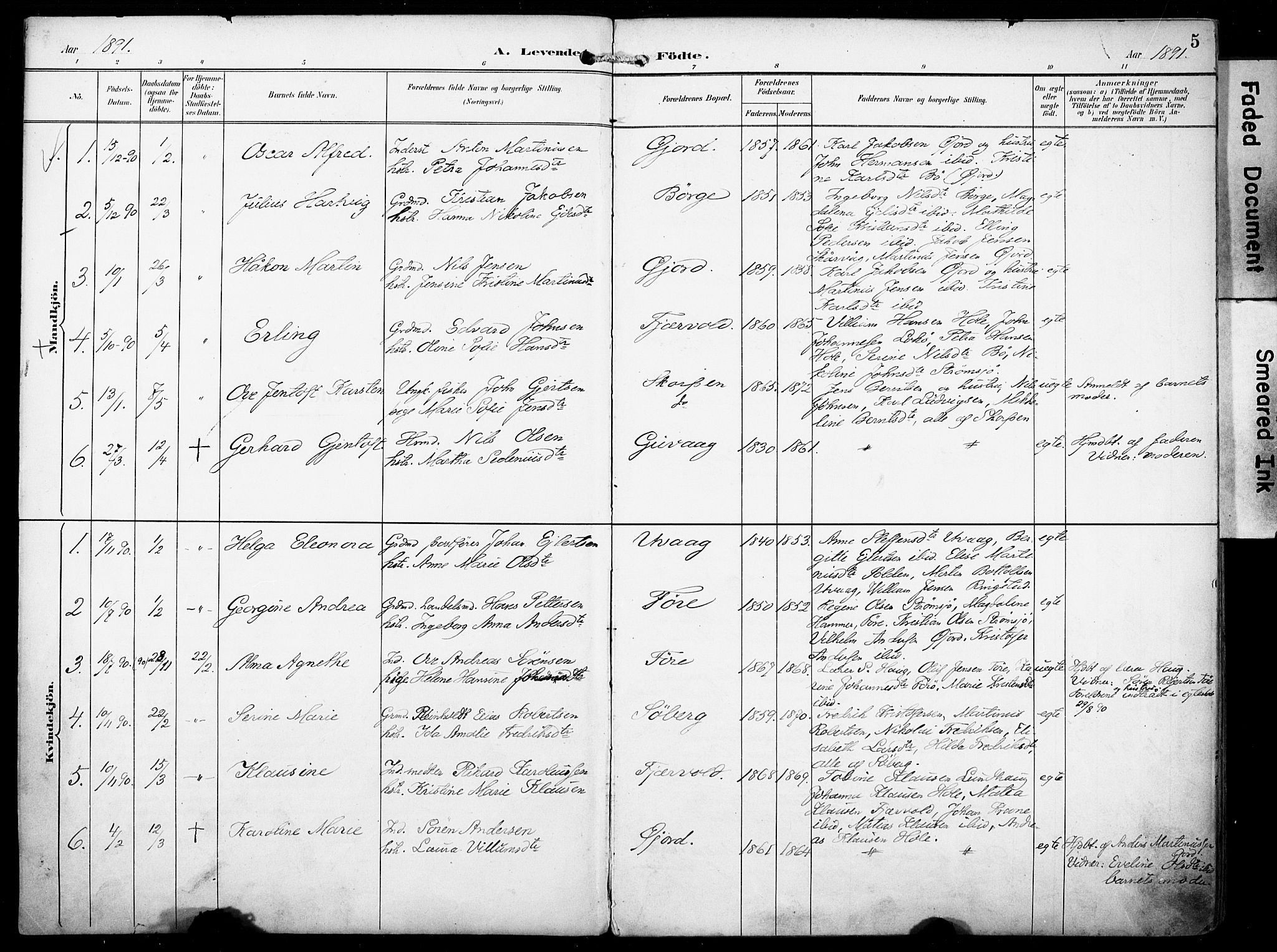 Ministerialprotokoller, klokkerbøker og fødselsregistre - Nordland, AV/SAT-A-1459/891/L1303: Parish register (official) no. 891A08, 1891-1894, p. 5