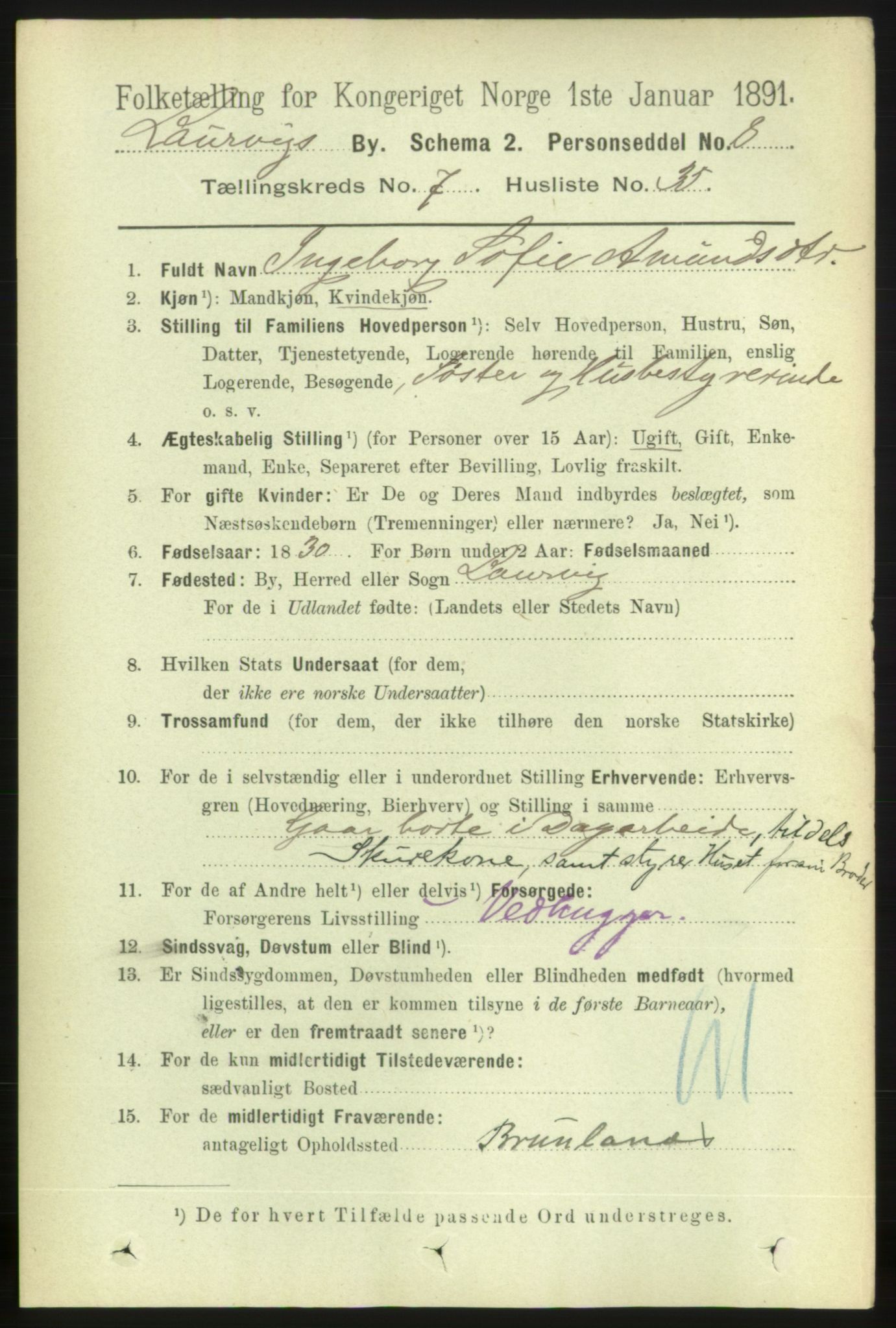 RA, 1891 census for 0707 Larvik, 1891, p. 7671