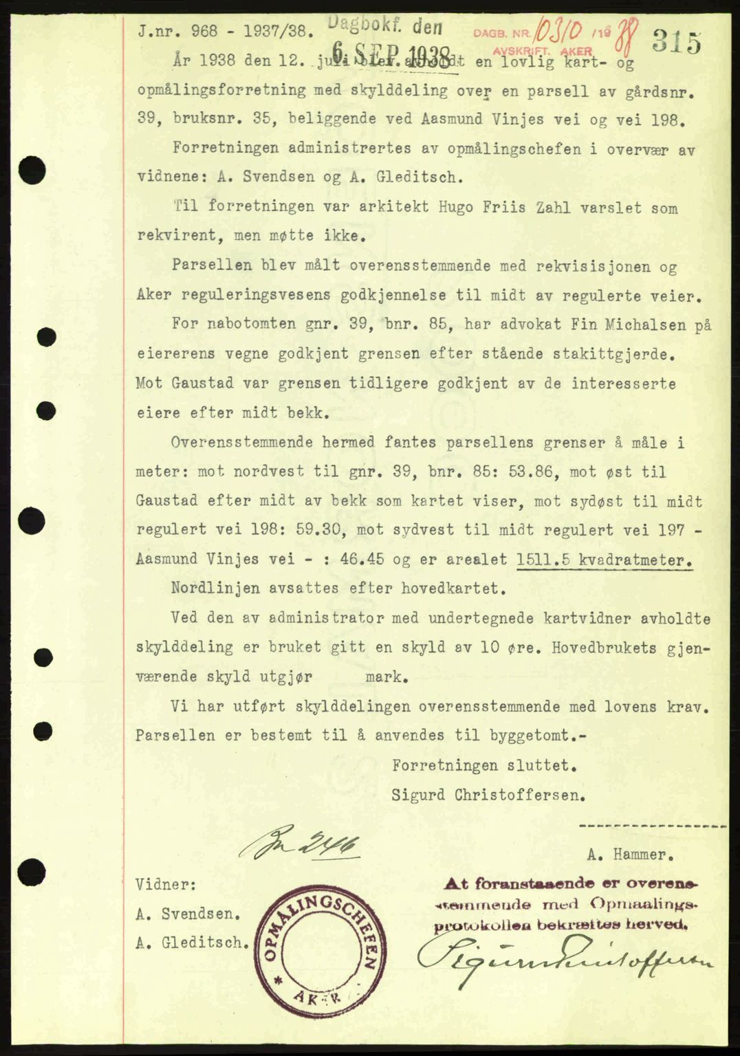 Aker herredsskriveri, SAO/A-10896/G/Gb/Gba/Gbab/L0025: Mortgage book no. A154-155, 1938-1938, Diary no: : 10310/1938