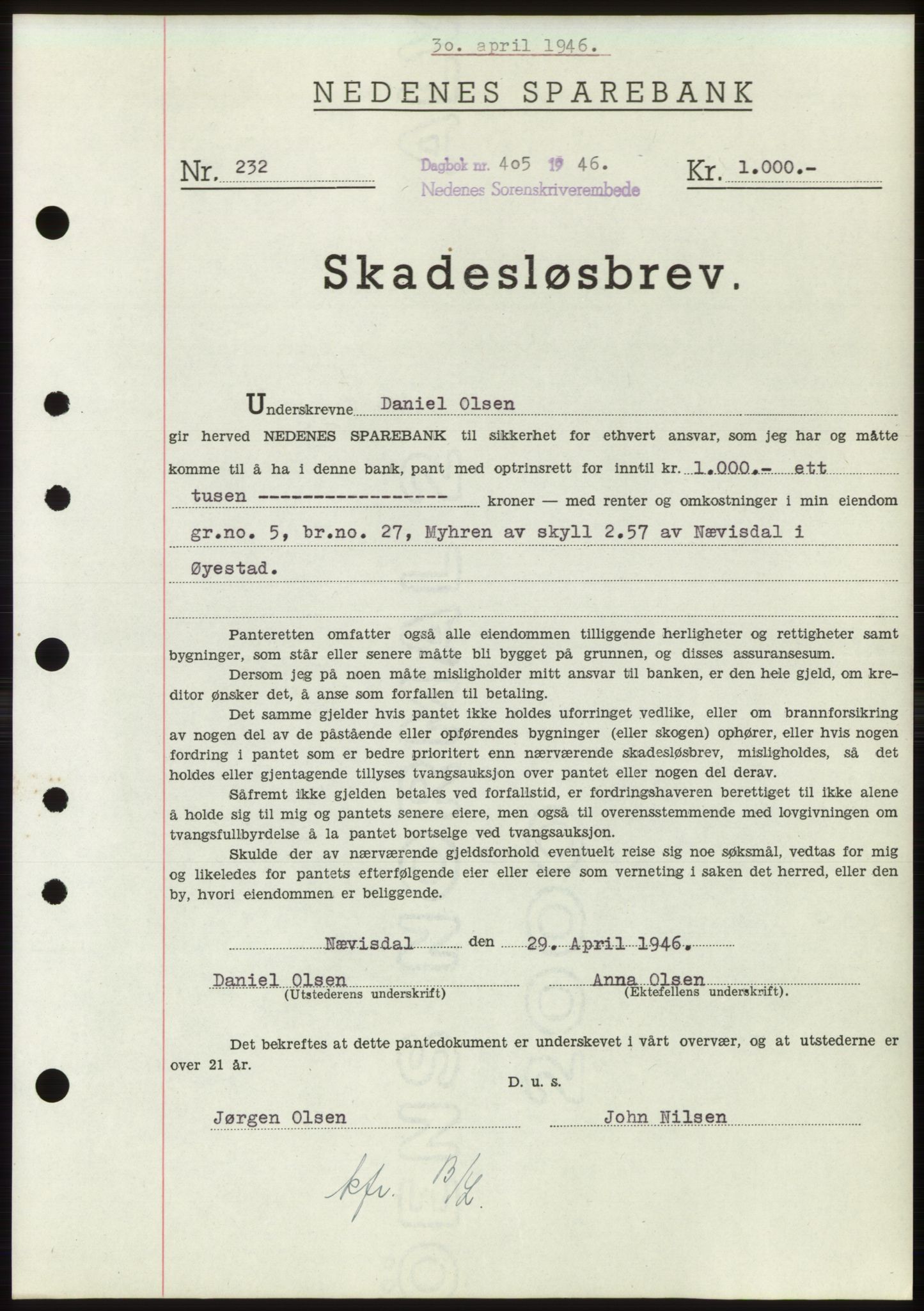 Nedenes sorenskriveri, SAK/1221-0006/G/Gb/Gbb/L0003: Mortgage book no. B3b, 1946-1946, Diary no: : 405/1946