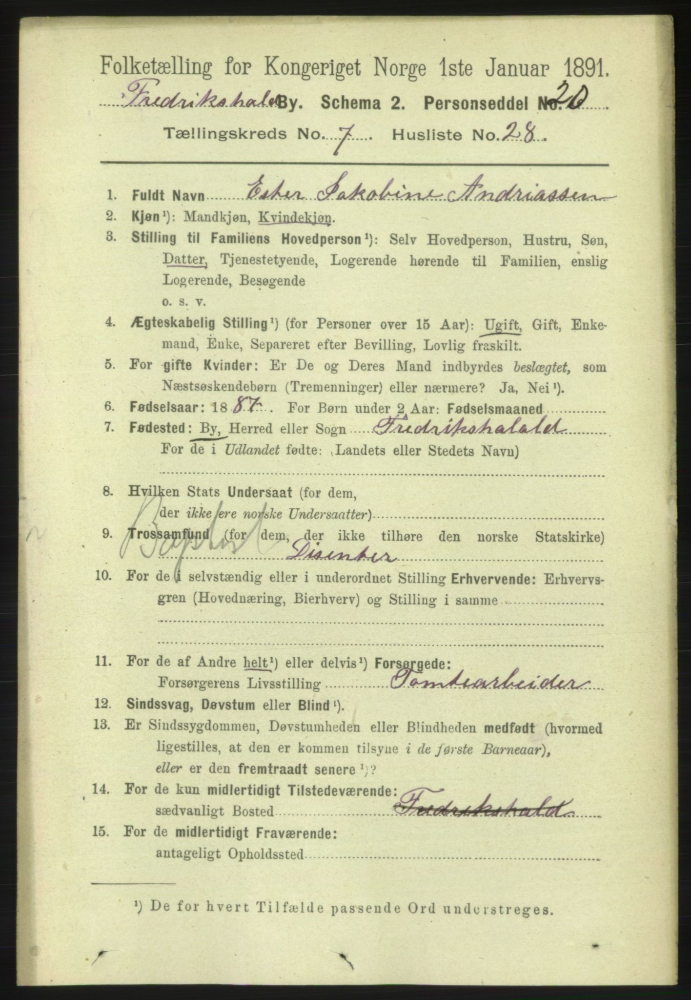 RA, 1891 census for 0101 Fredrikshald, 1891, p. 5400