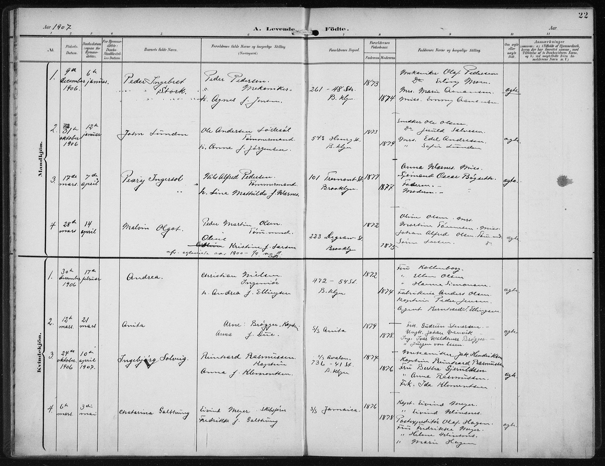 Den norske sjømannsmisjon i utlandet/New York, SAB/SAB/PA-0110/H/Ha/L0005: Parish register (official) no. A 5, 1902-1908, p. 22