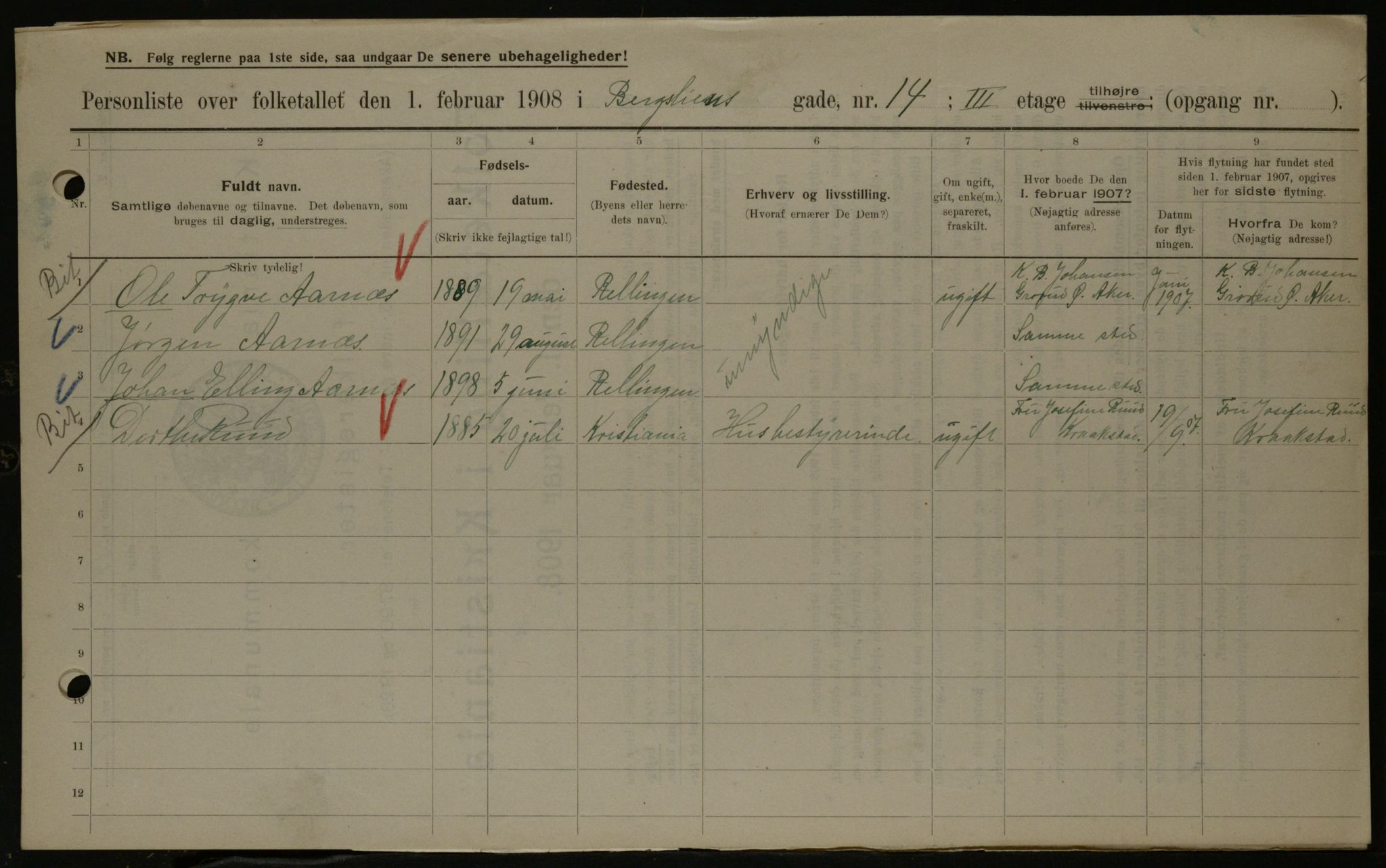 OBA, Municipal Census 1908 for Kristiania, 1908, p. 4317