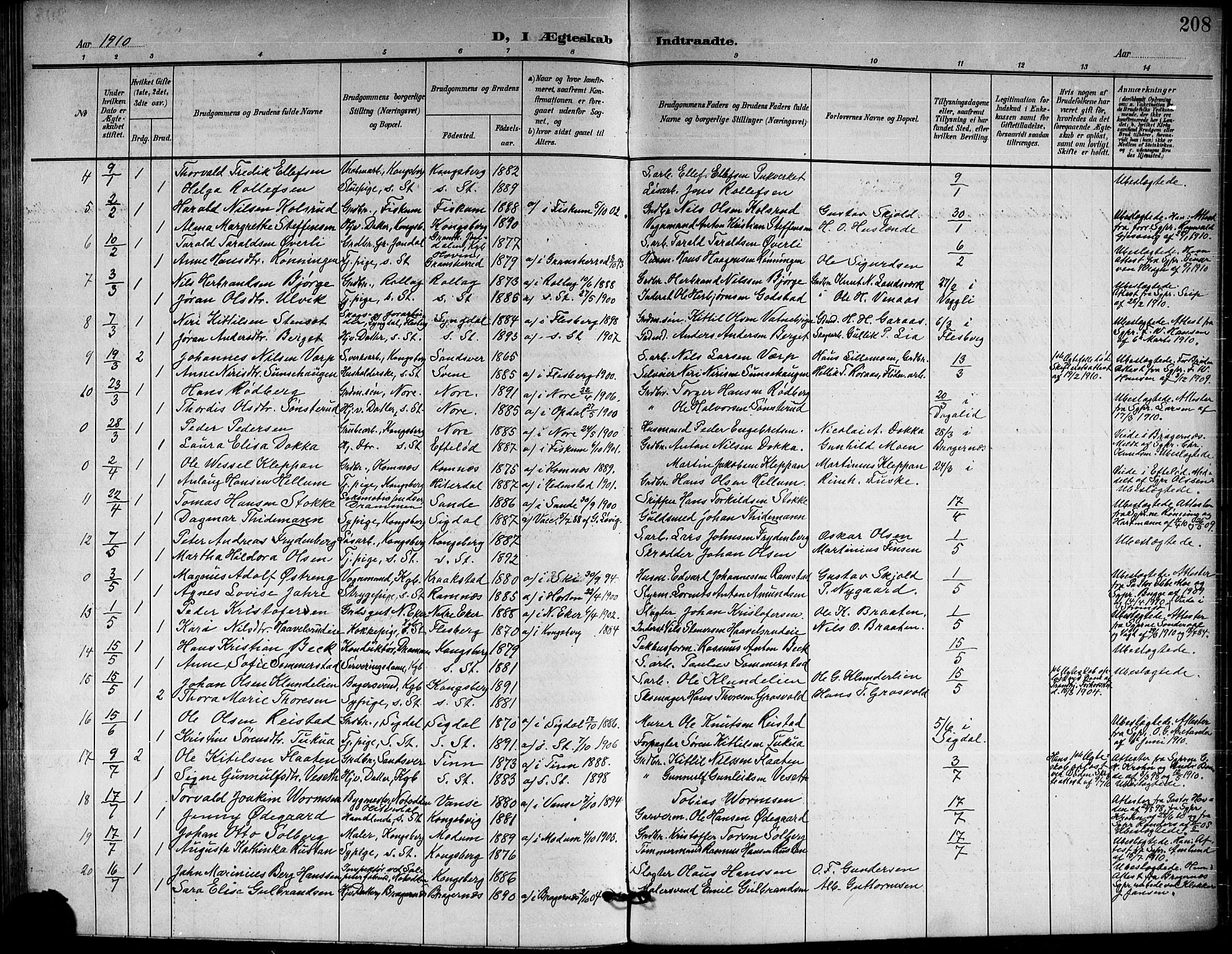 Kongsberg kirkebøker, AV/SAKO-A-22/G/Ga/L0007: Parish register (copy) no. 7, 1901-1915, p. 208