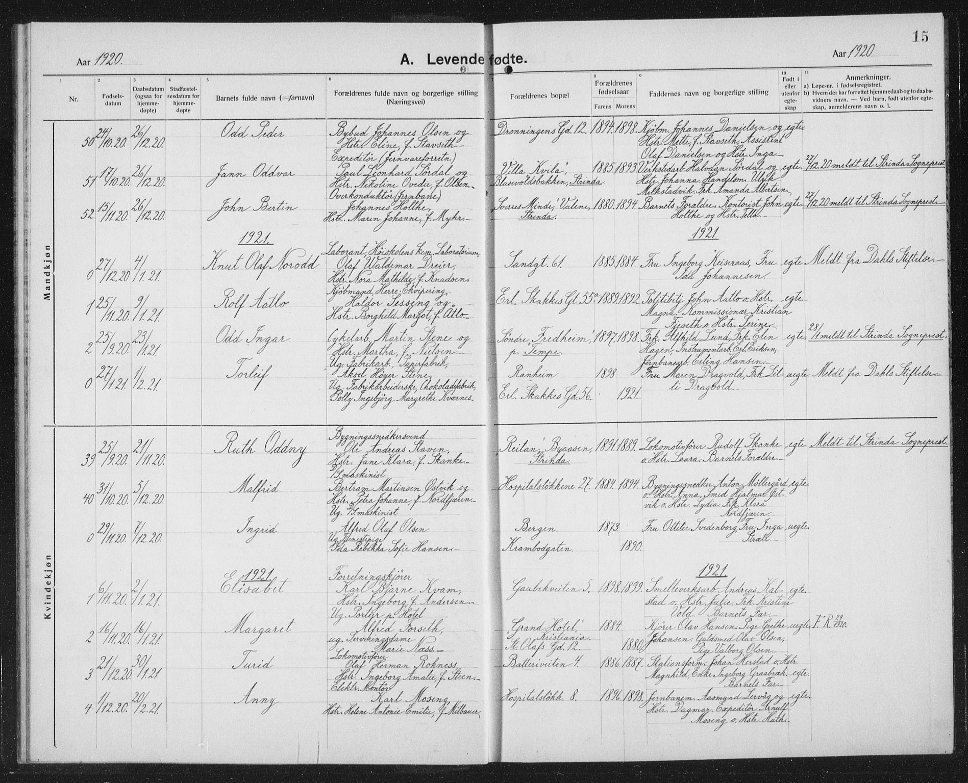 Ministerialprotokoller, klokkerbøker og fødselsregistre - Sør-Trøndelag, SAT/A-1456/602/L0148: Parish register (copy) no. 602C16, 1919-1939, p. 15