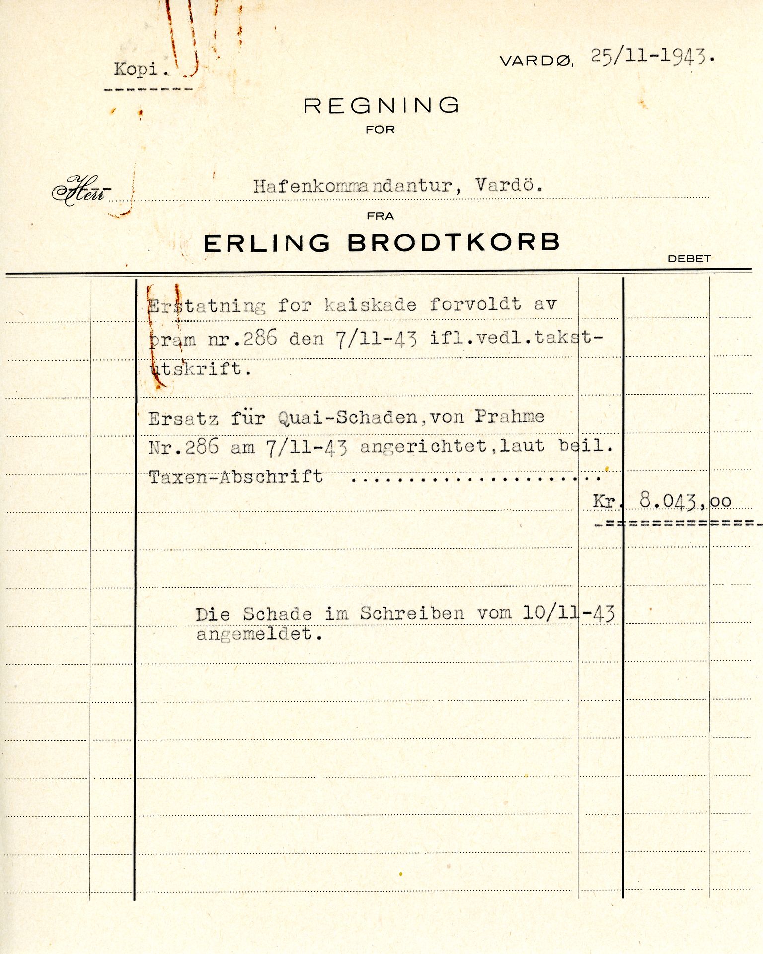 Erling Brodtkorb, Vardø, VAMU/A-0065/D/L0001/0009: Saksdokumenter / Wechrmacht. Ubetalte regninger etter Wechrmacht, 1940-1945