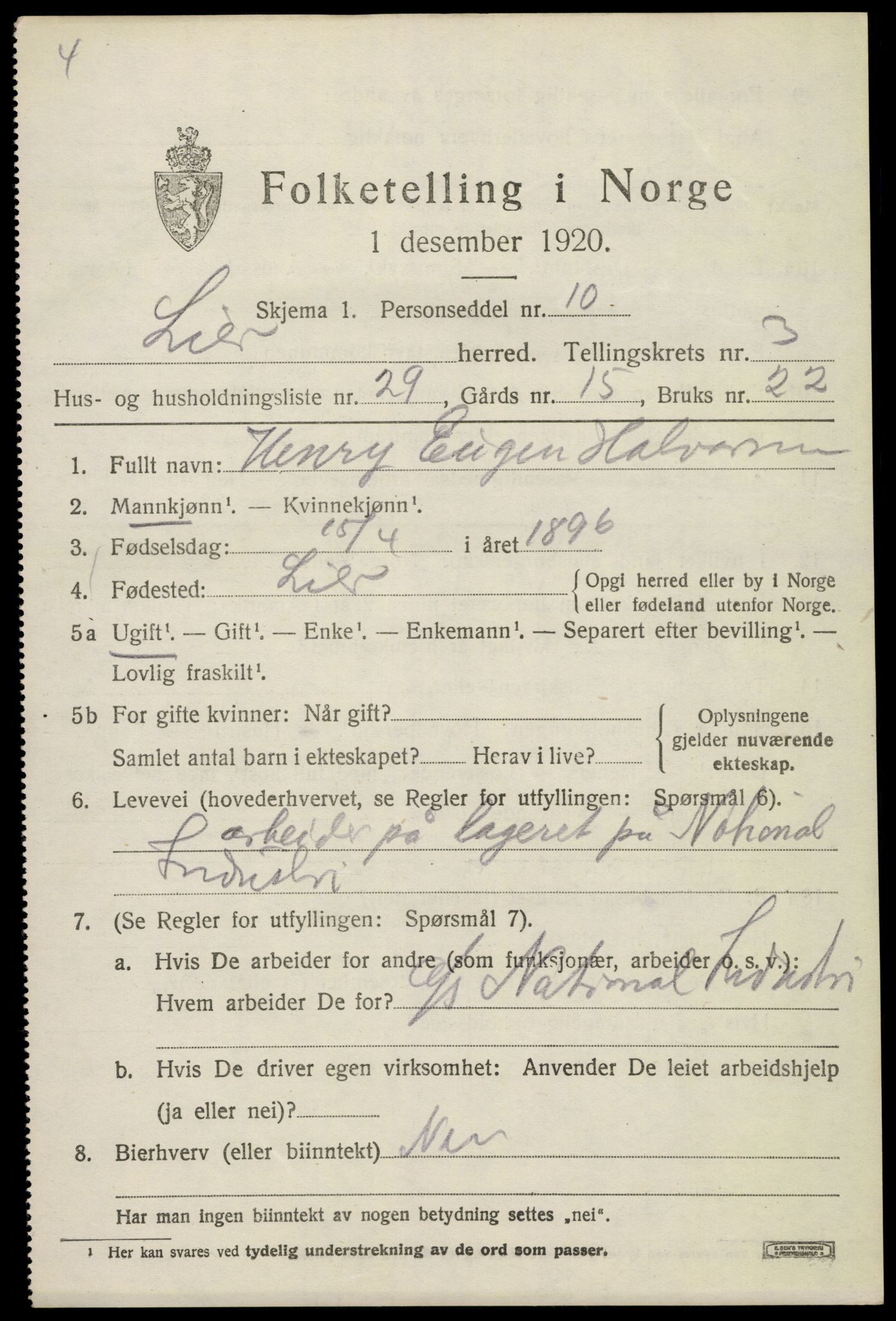 SAKO, 1920 census for Lier, 1920, p. 6436