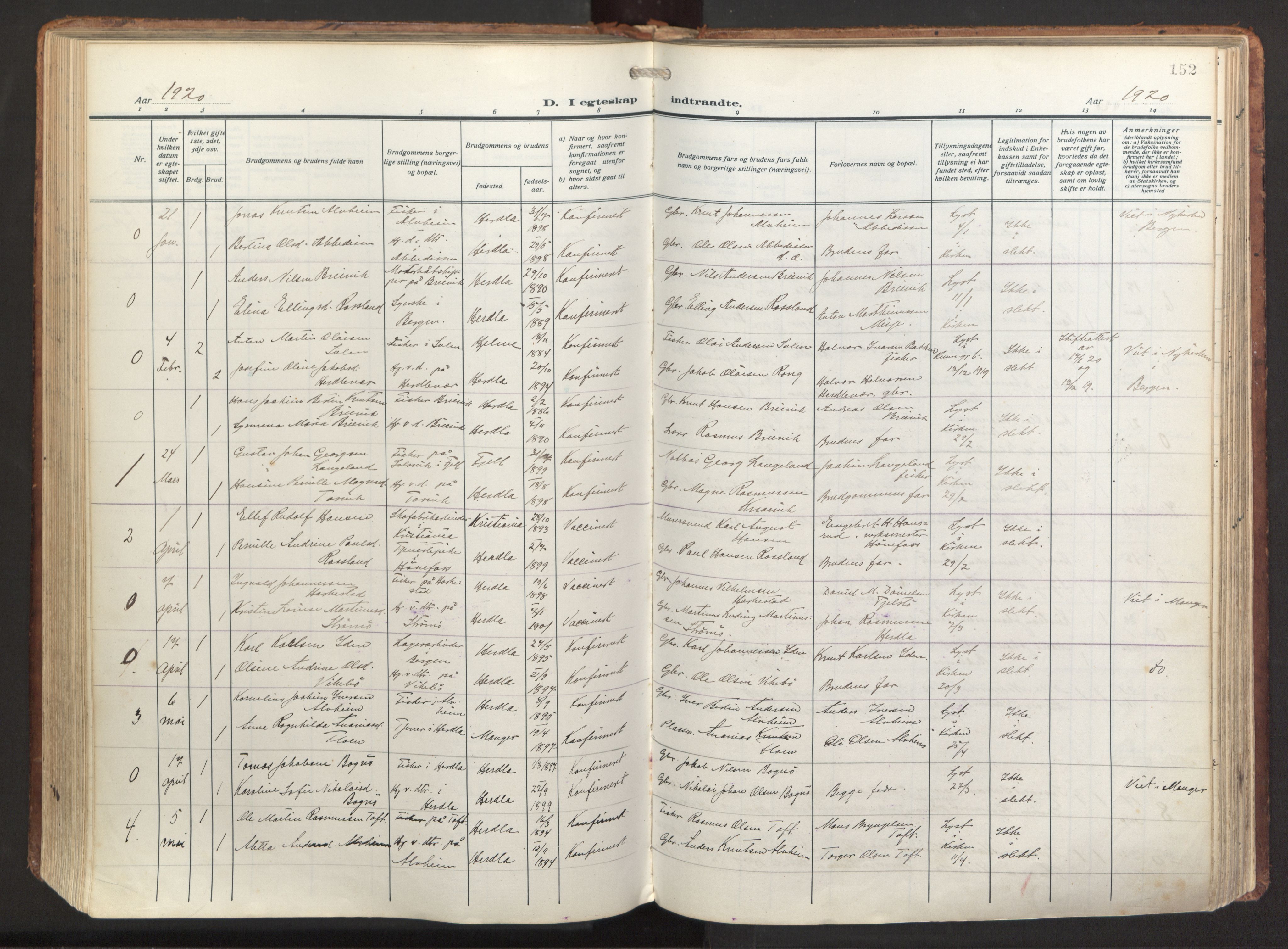 Herdla Sokneprestembete, SAB/A-75701/H/Haa: Parish register (official) no. A 6, 1918-1933, p. 152