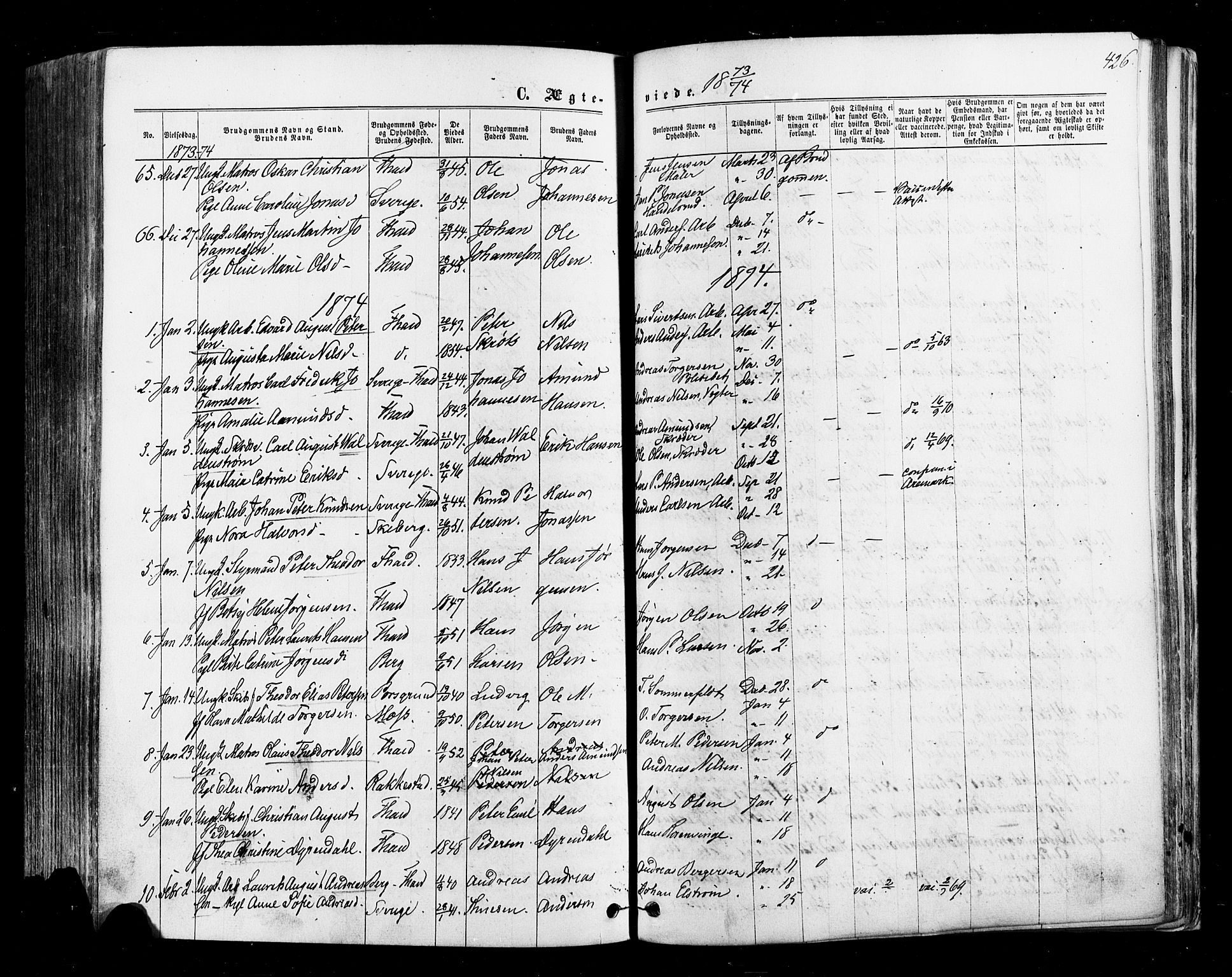 Halden prestekontor Kirkebøker, AV/SAO-A-10909/F/Fa/L0009: Parish register (official) no. I 9, 1866-1877, p. 426