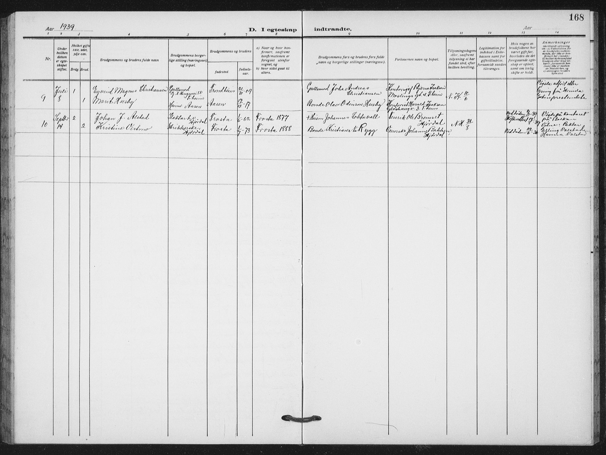 Ministerialprotokoller, klokkerbøker og fødselsregistre - Nord-Trøndelag, SAT/A-1458/712/L0104: Parish register (copy) no. 712C02, 1917-1939, p. 168