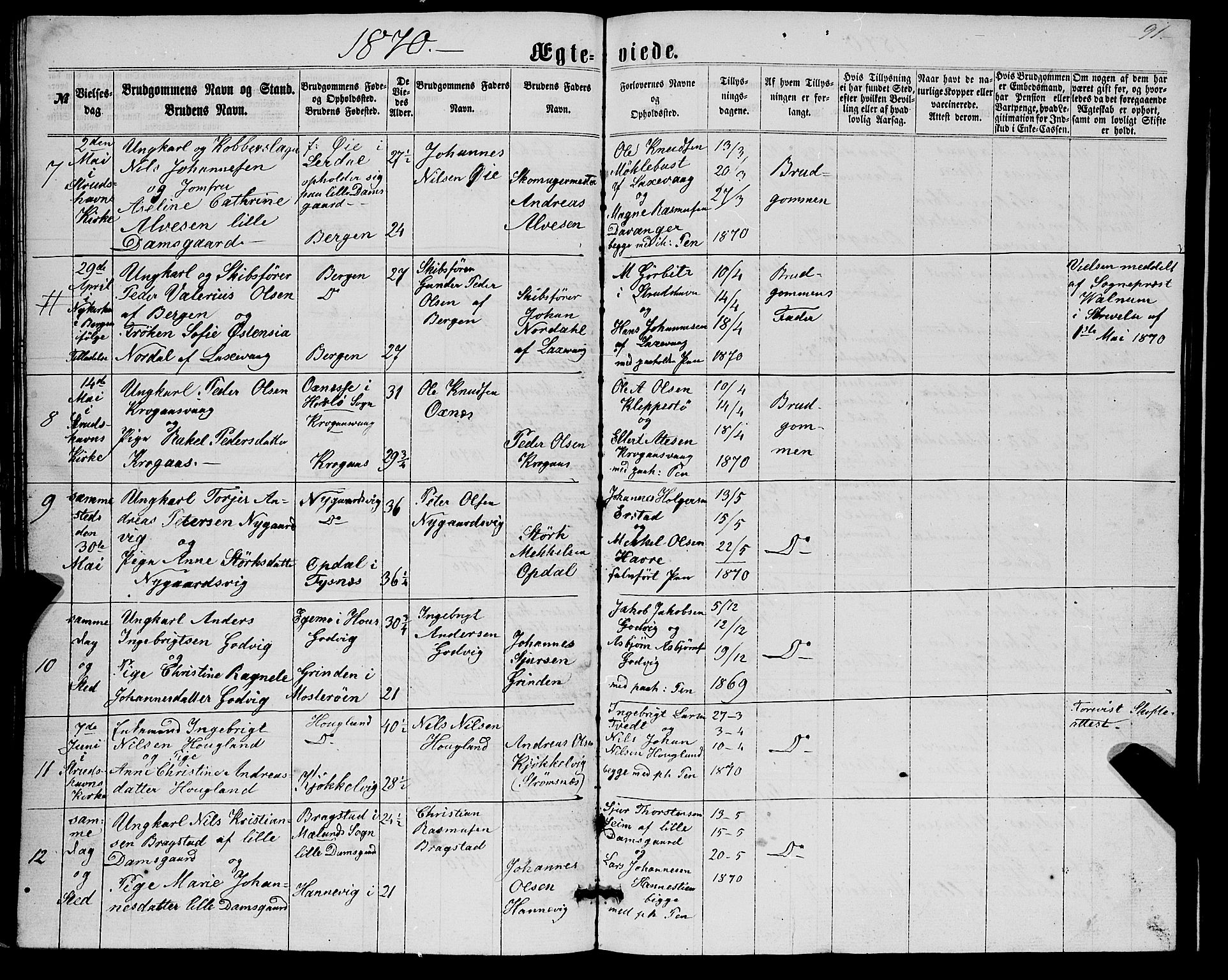 Askøy Sokneprestembete, AV/SAB-A-74101/H/Ha/Hab/Haba/L0006: Parish register (copy) no. A 6, 1861-1881, p. 91