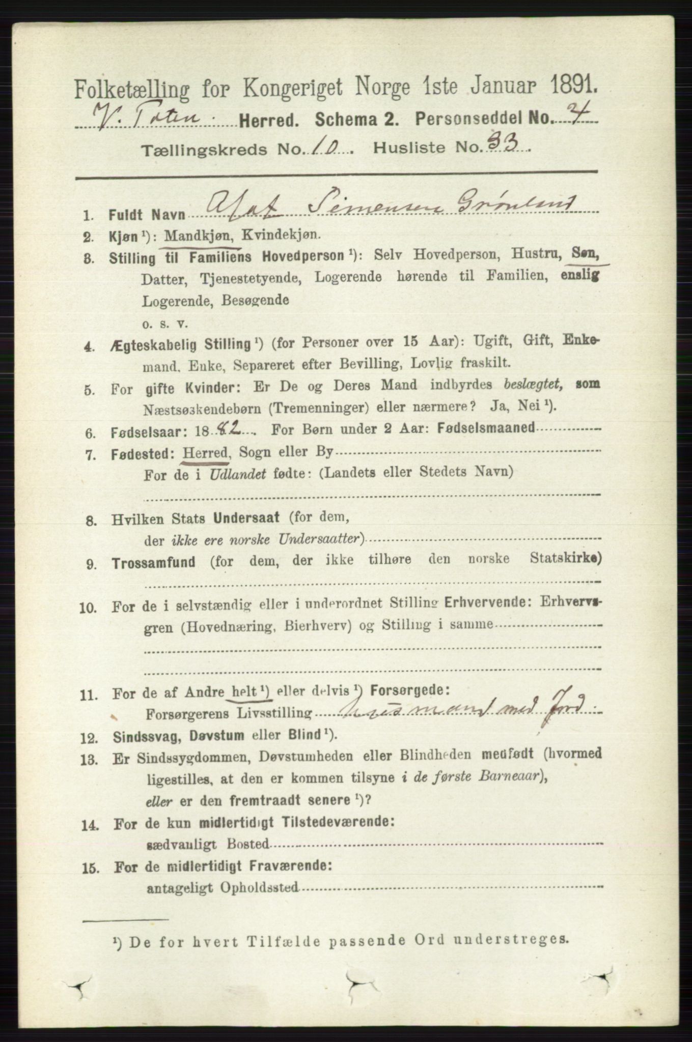 RA, 1891 census for 0529 Vestre Toten, 1891, p. 6397