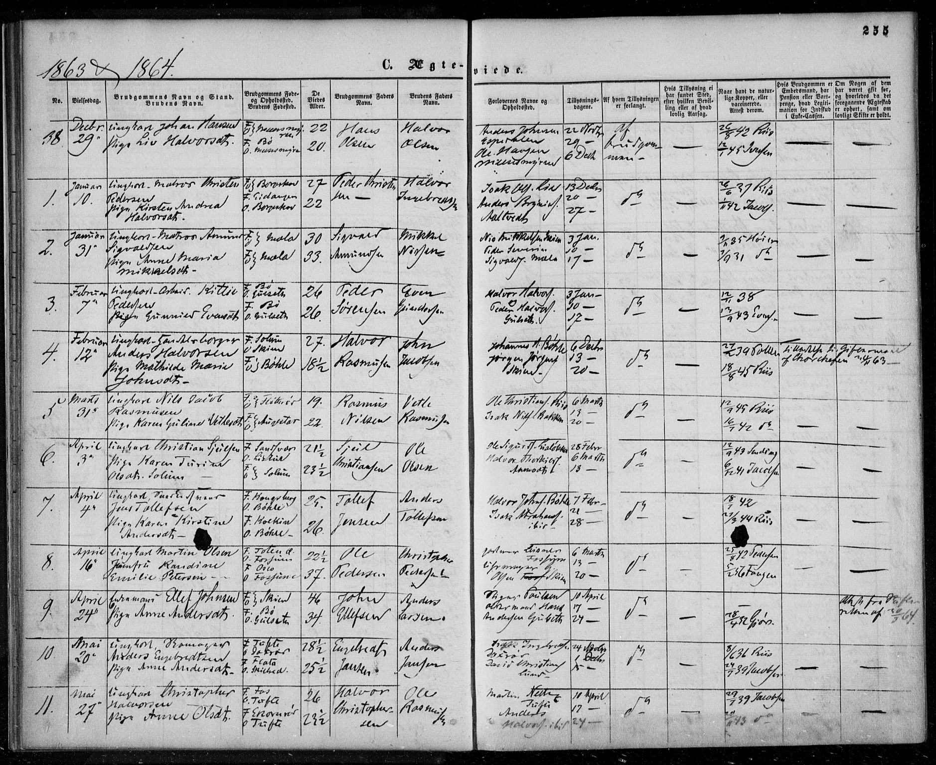 Gjerpen kirkebøker, SAKO/A-265/F/Fa/L0008b: Parish register (official) no. I 8B, 1857-1871, p. 255