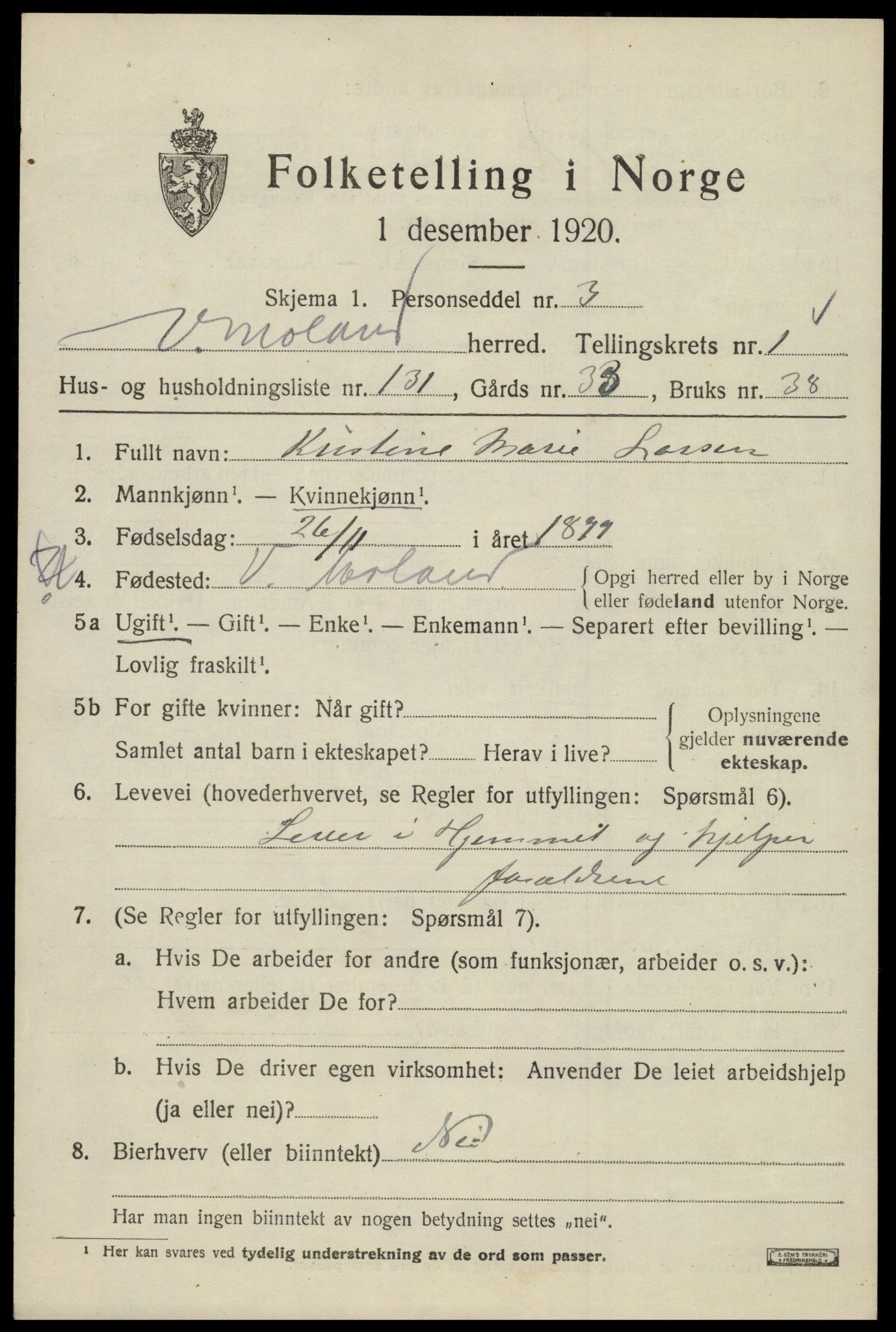 SAK, 1920 census for Vestre Moland, 1920, p. 2257