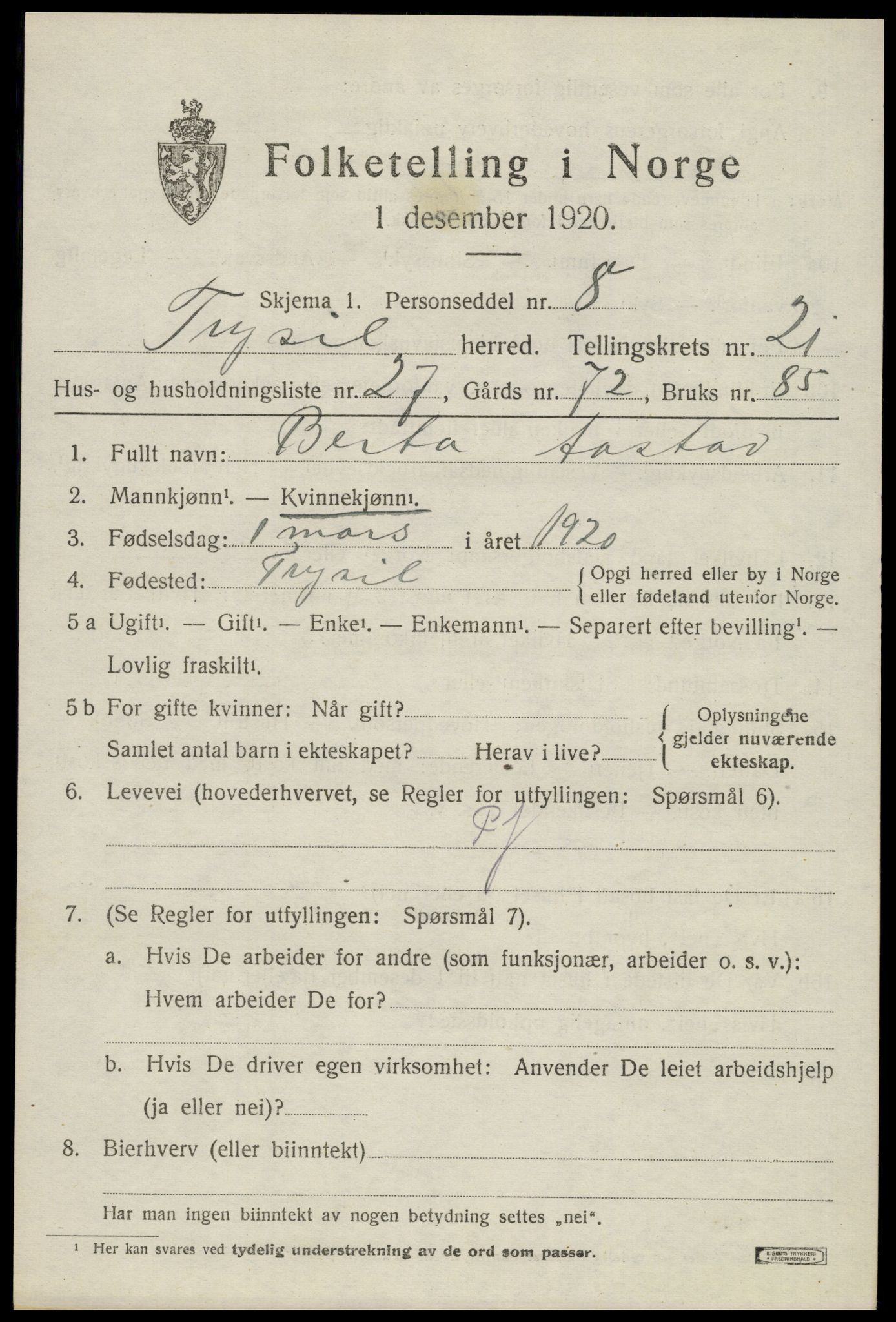 SAH, 1920 census for Trysil, 1920, p. 14103