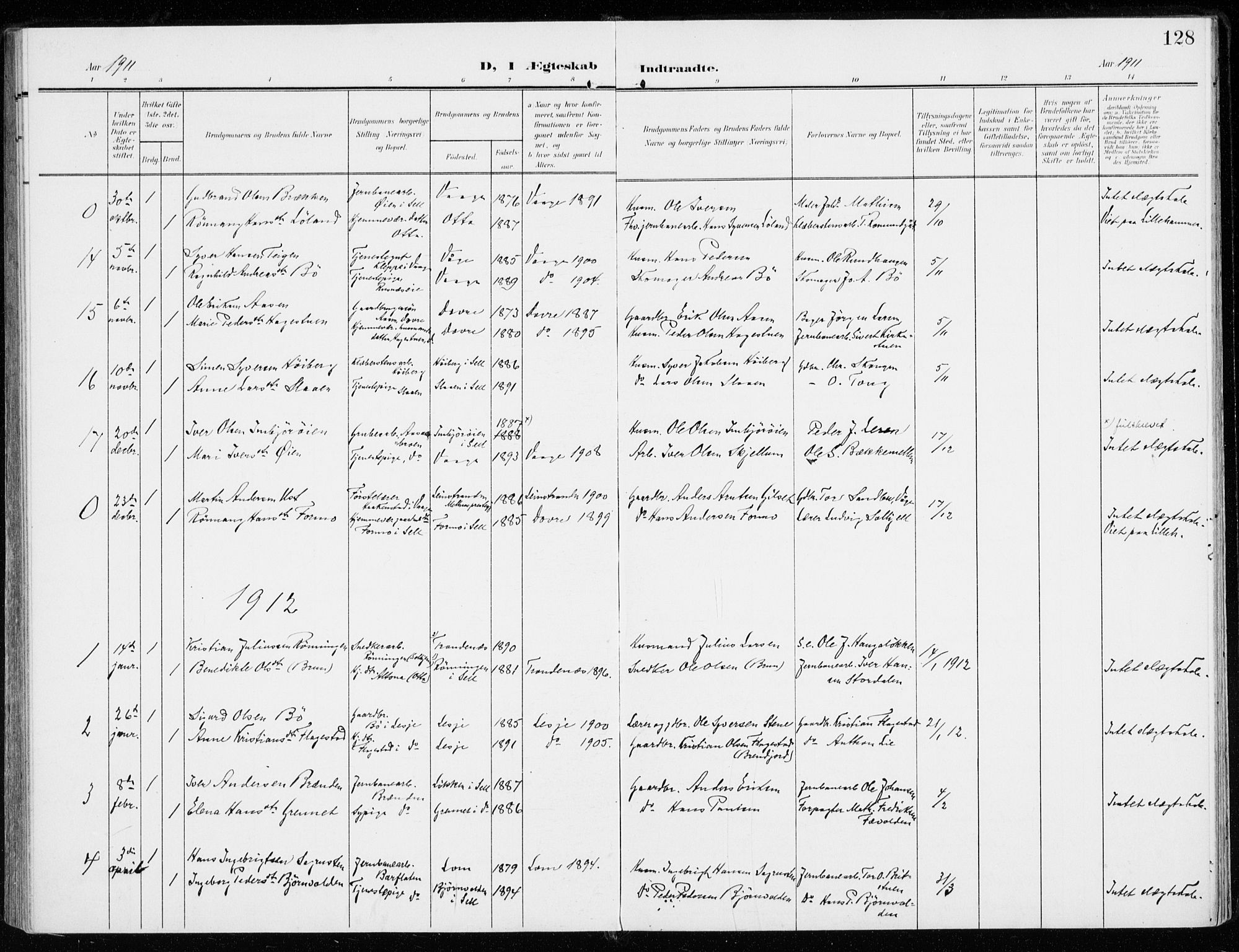 Sel prestekontor, AV/SAH-PREST-074/H/Ha/Haa/L0002: Parish register (official) no. 2, 1905-1919, p. 128