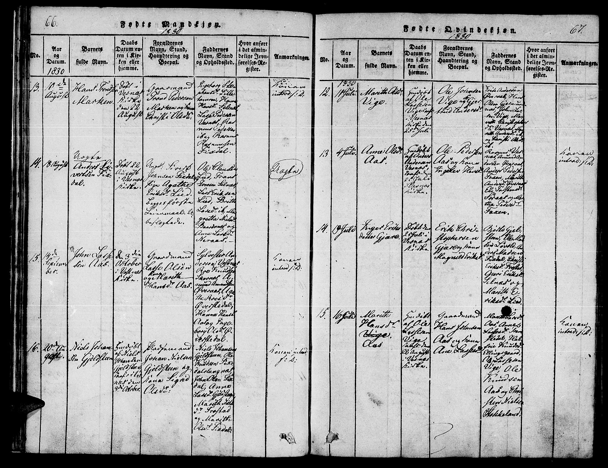 Ministerialprotokoller, klokkerbøker og fødselsregistre - Møre og Romsdal, AV/SAT-A-1454/539/L0528: Parish register (official) no. 539A01, 1818-1847, p. 66-67