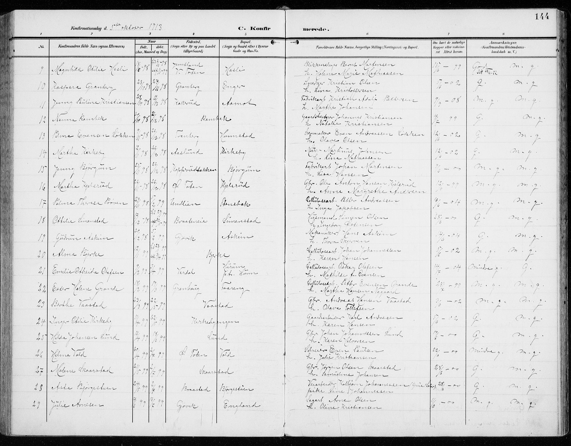 Vardal prestekontor, SAH/PREST-100/H/Ha/Haa/L0016: Parish register (official) no. 16, 1904-1916, p. 144