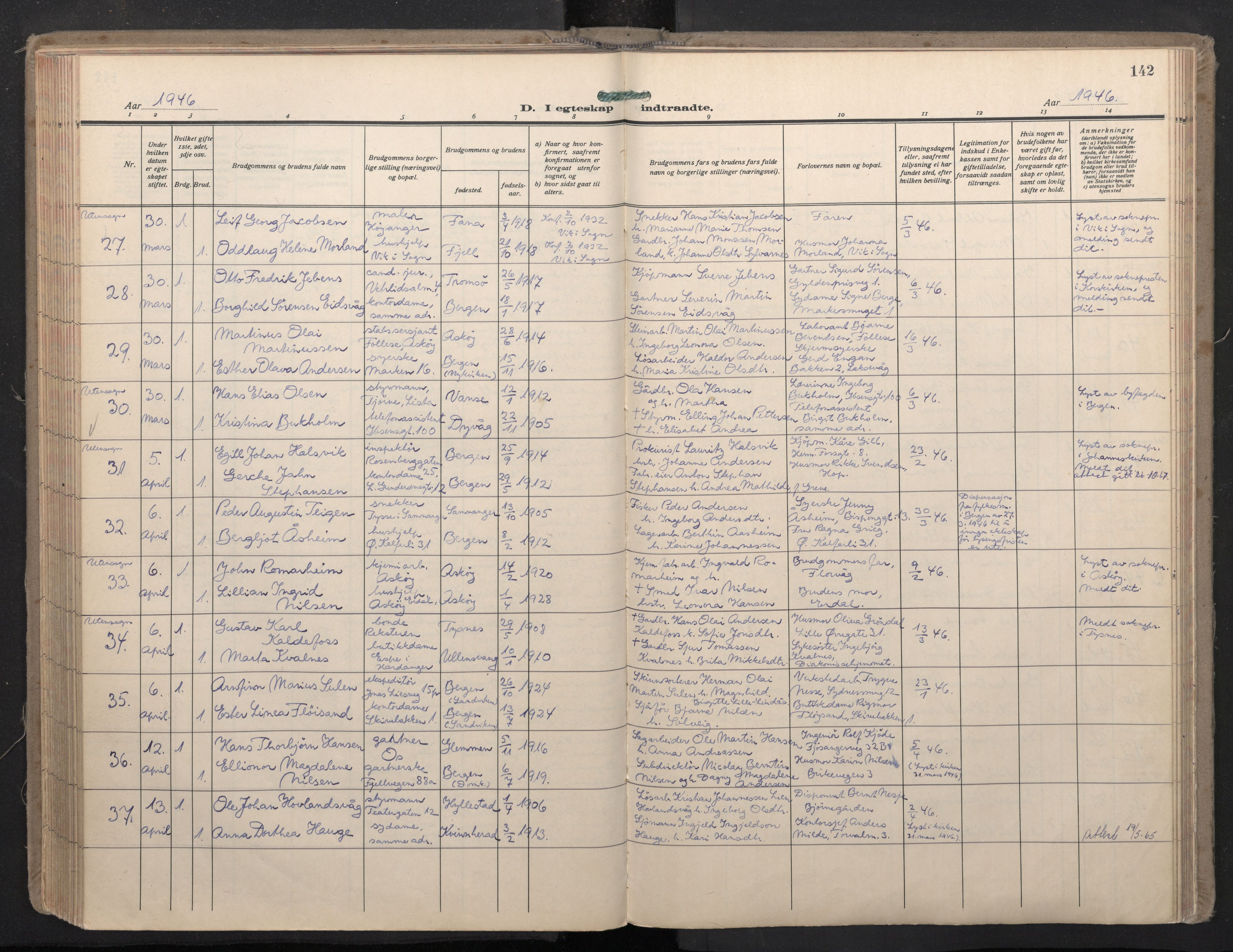 Domkirken sokneprestembete, SAB/A-74801/H/Haa: Parish register (official) no. D 7, 1937-1950, p. 141b-142a