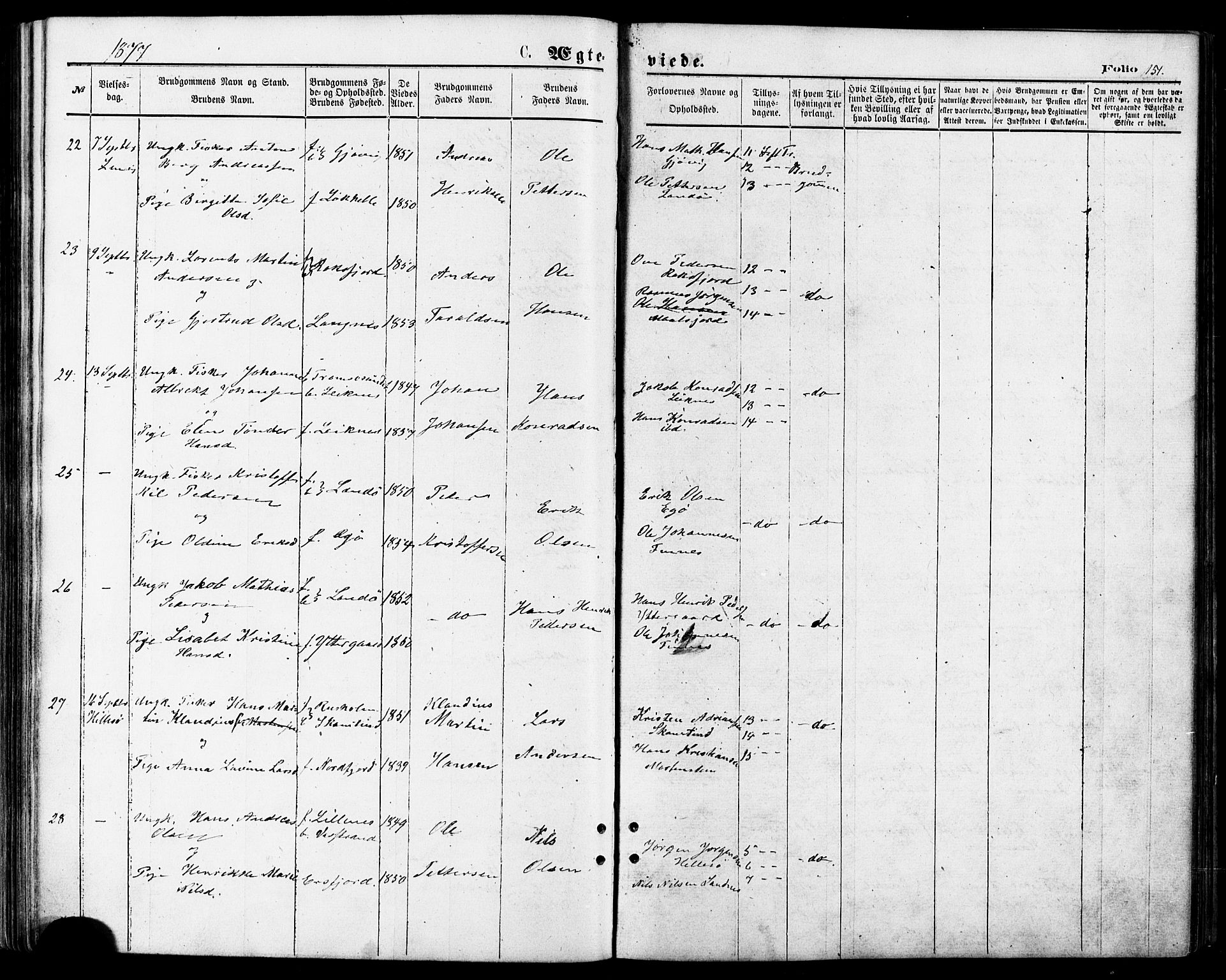 Lenvik sokneprestembete, SATØ/S-1310/H/Ha/Haa/L0010kirke: Parish register (official) no. 10, 1873-1880, p. 151