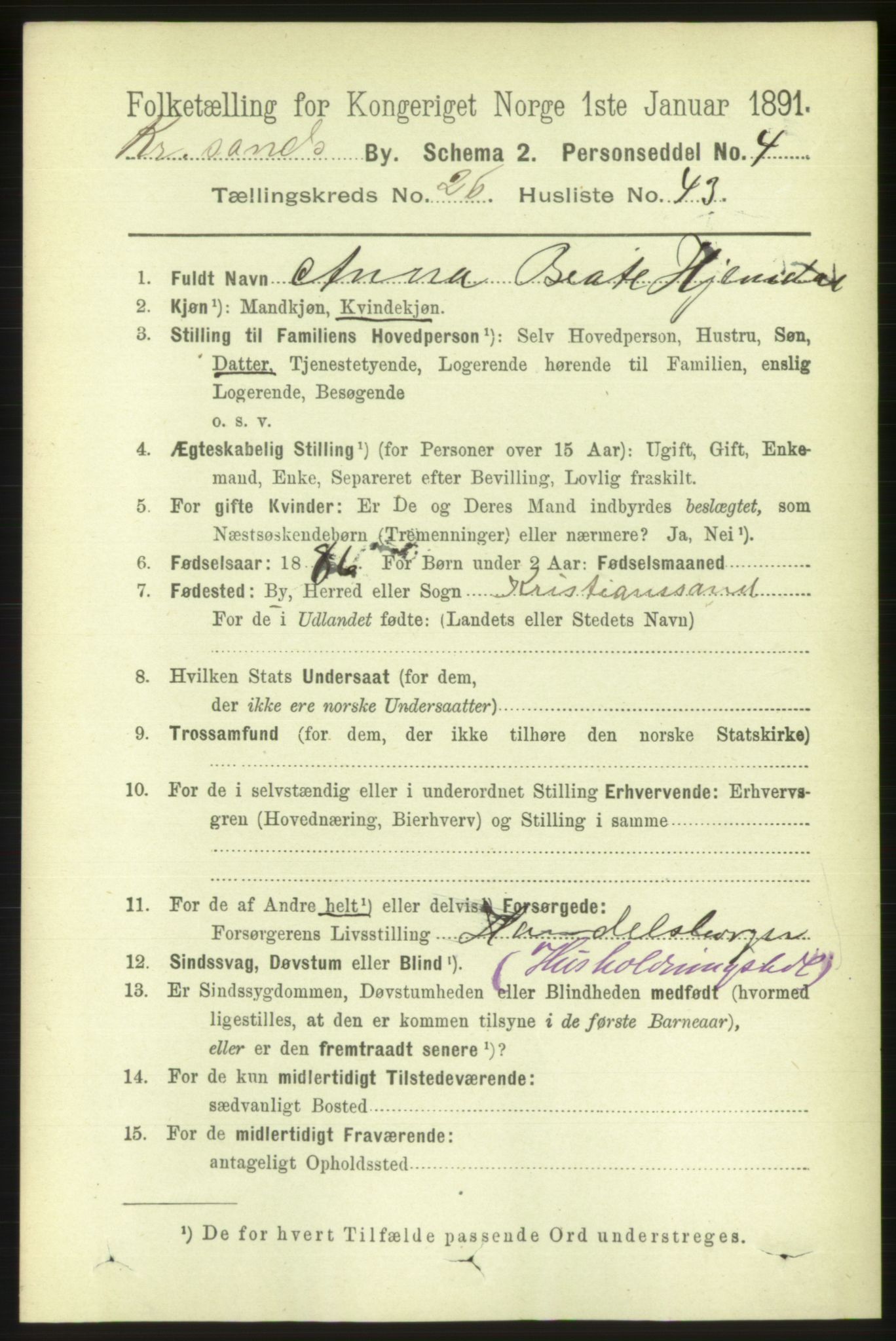 RA, 1891 census for 1001 Kristiansand, 1891, p. 9381