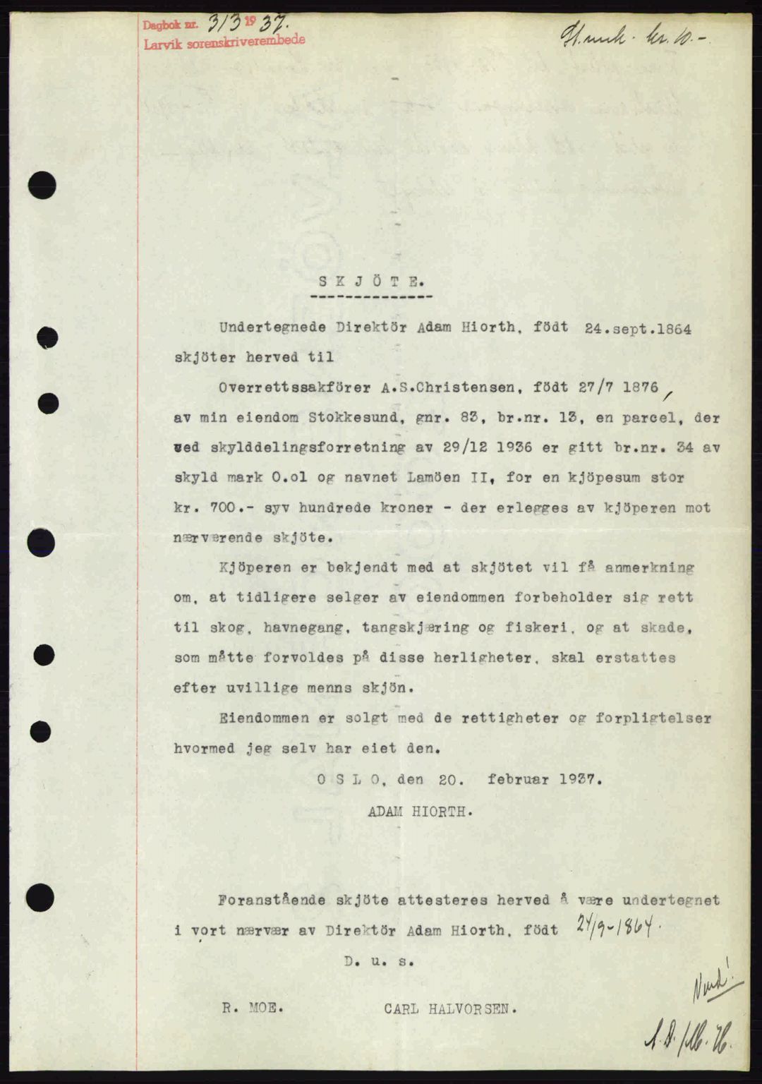 Larvik sorenskriveri, SAKO/A-83/G/Ga/Gab/L0067: Mortgage book no. A-1, 1936-1937, Diary no: : 313/1937