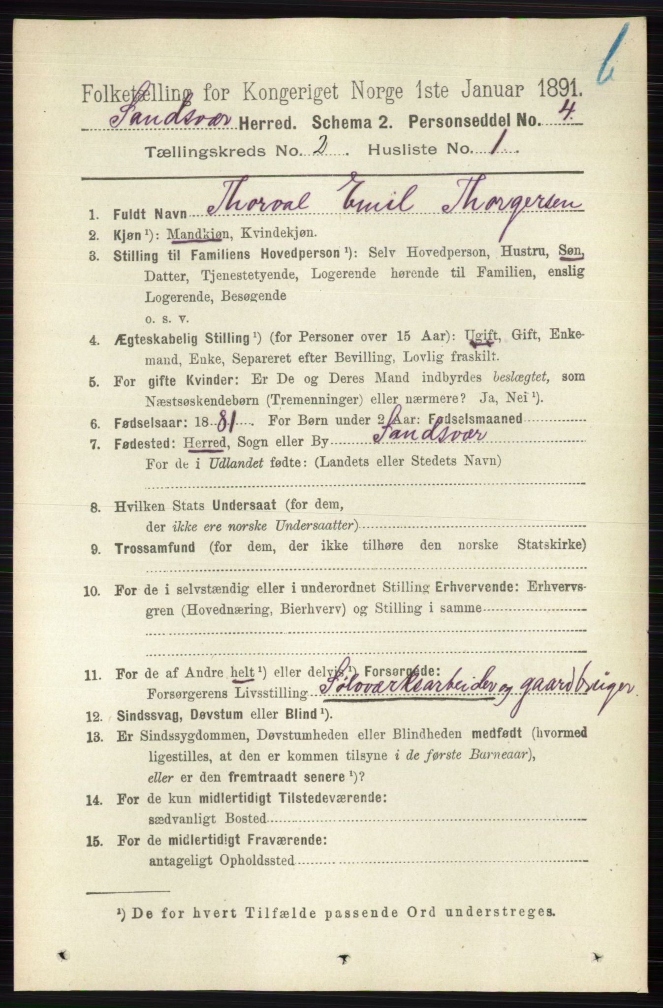 RA, 1891 census for 0629 Sandsvær, 1891, p. 5730