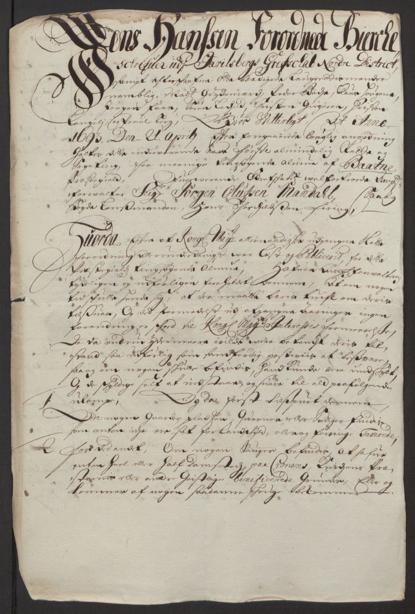 Rentekammeret inntil 1814, Reviderte regnskaper, Fogderegnskap, AV/RA-EA-4092/R32/L1866: Fogderegnskap Jarlsberg grevskap, 1693, p. 400