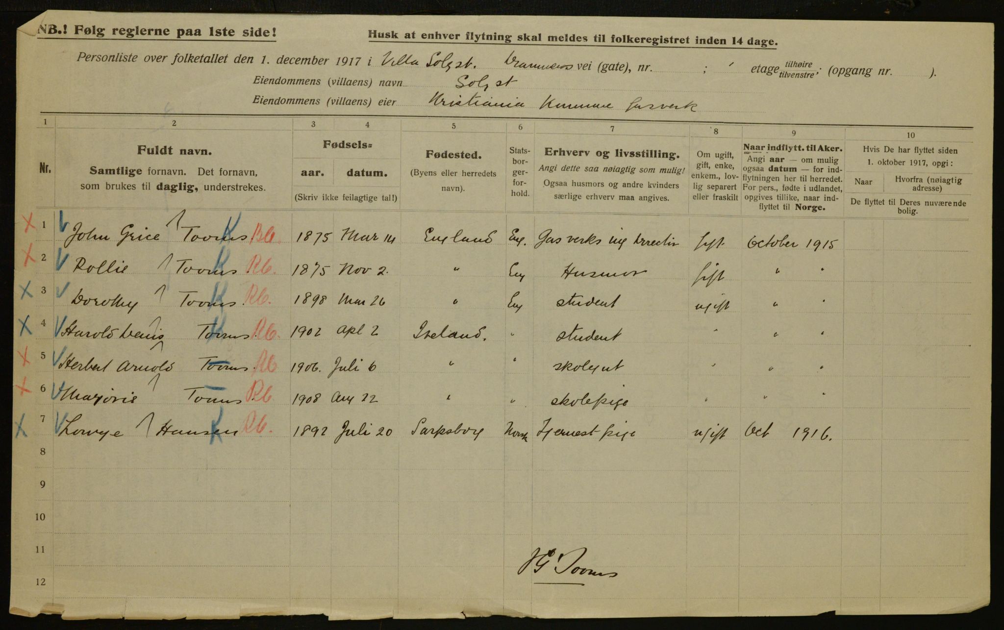 OBA, Municipal Census 1917 for Aker, 1917, p. 3016