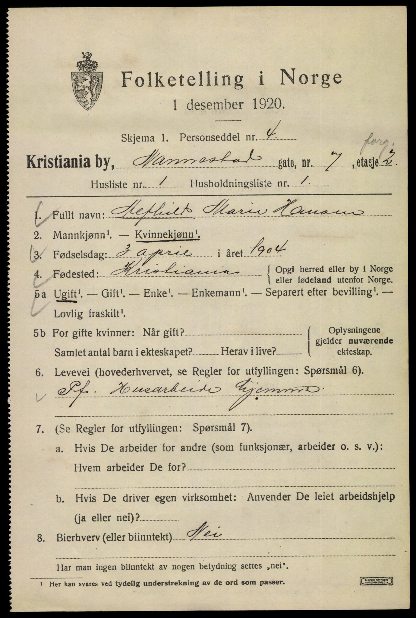 SAO, 1920 census for Kristiania, 1920, p. 409497