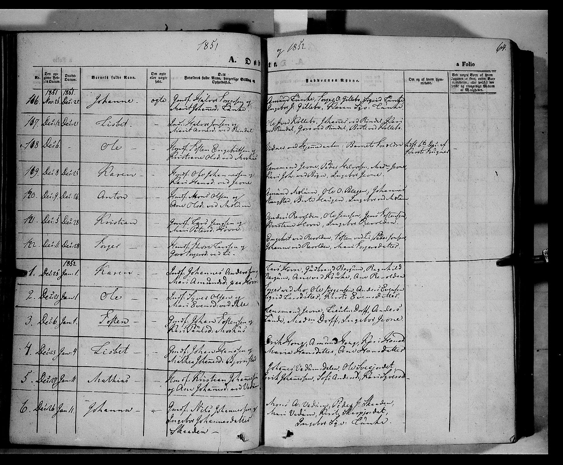 Øyer prestekontor, SAH/PREST-084/H/Ha/Haa/L0005: Parish register (official) no. 5, 1842-1857, p. 64