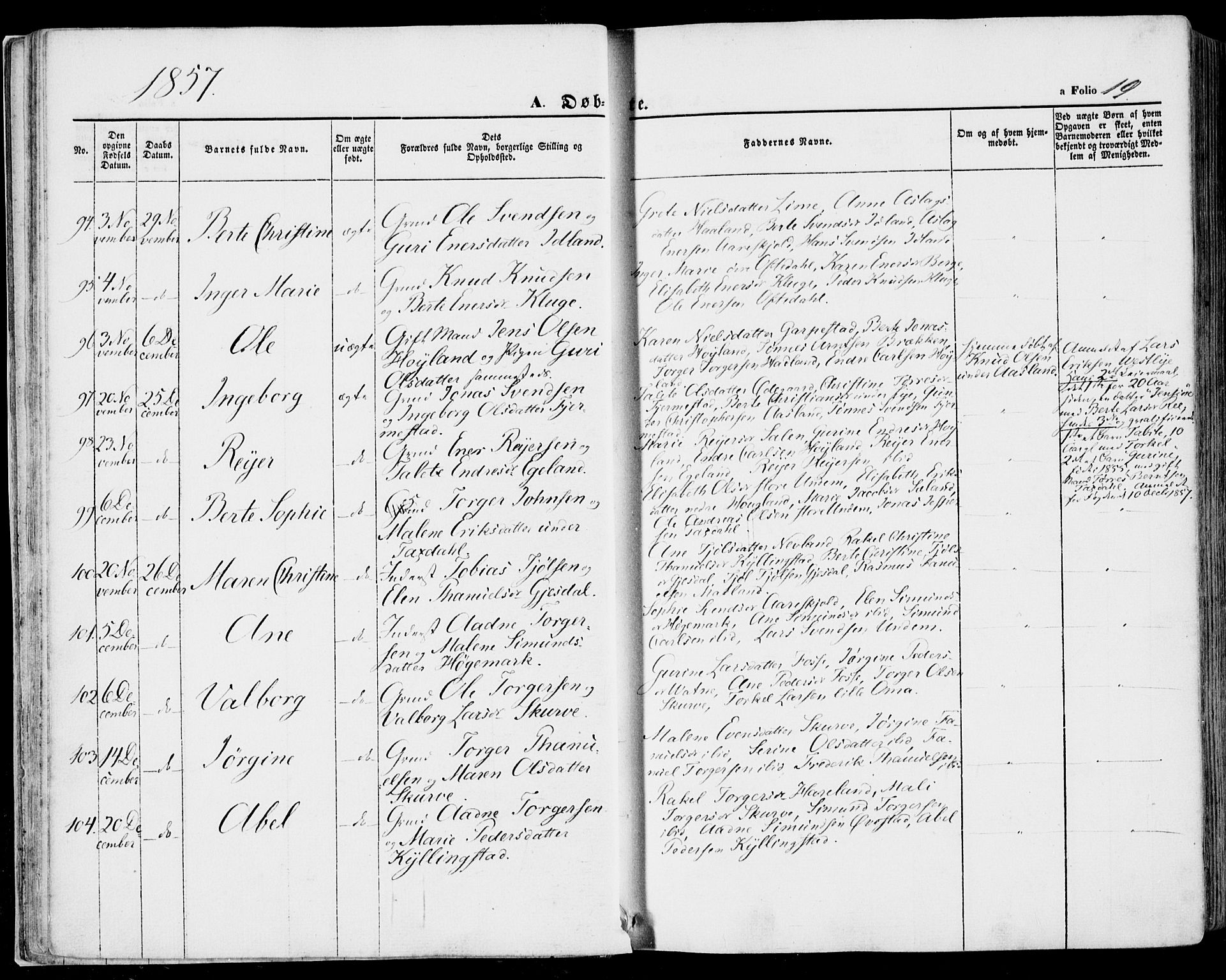 Lye sokneprestkontor, SAST/A-101794/001/30BA/L0007: Parish register (official) no. A 6, 1856-1871, p. 19