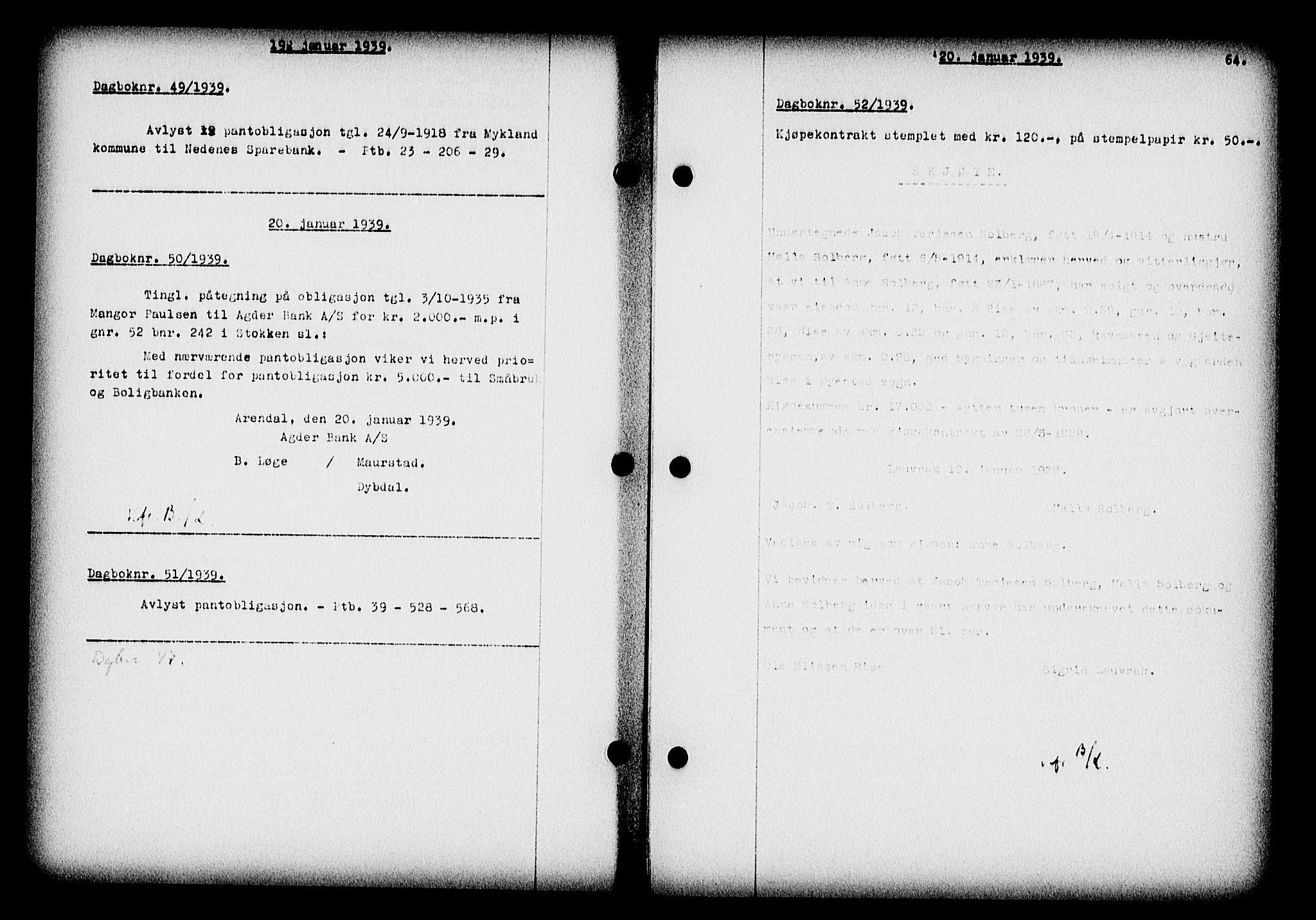 Nedenes sorenskriveri, SAK/1221-0006/G/Gb/Gba/L0046: Mortgage book no. 42, 1938-1939, Diary no: : 52/1939