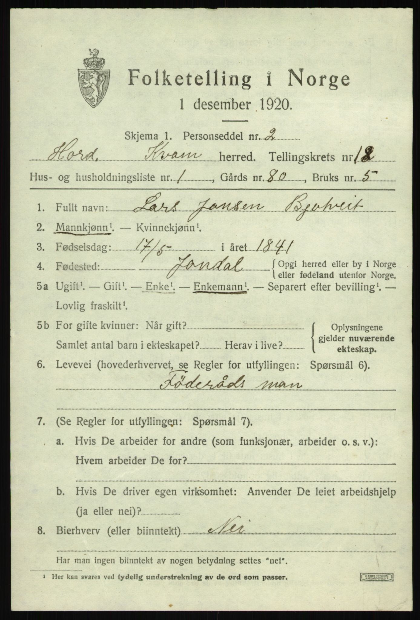SAB, 1920 census for Kvam, 1920, p. 9867