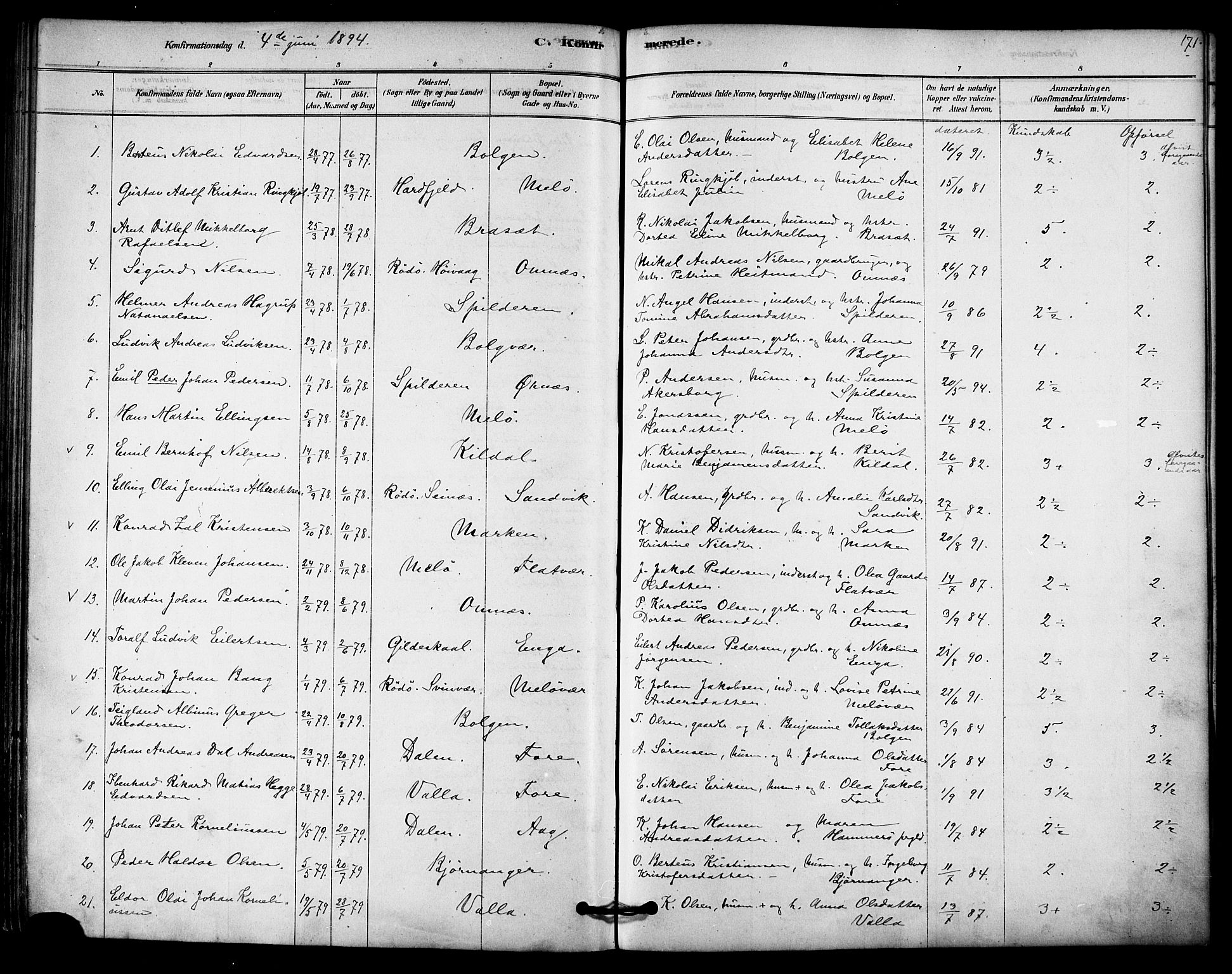 Ministerialprotokoller, klokkerbøker og fødselsregistre - Nordland, AV/SAT-A-1459/843/L0626: Parish register (official) no. 843A01, 1878-1907, p. 171