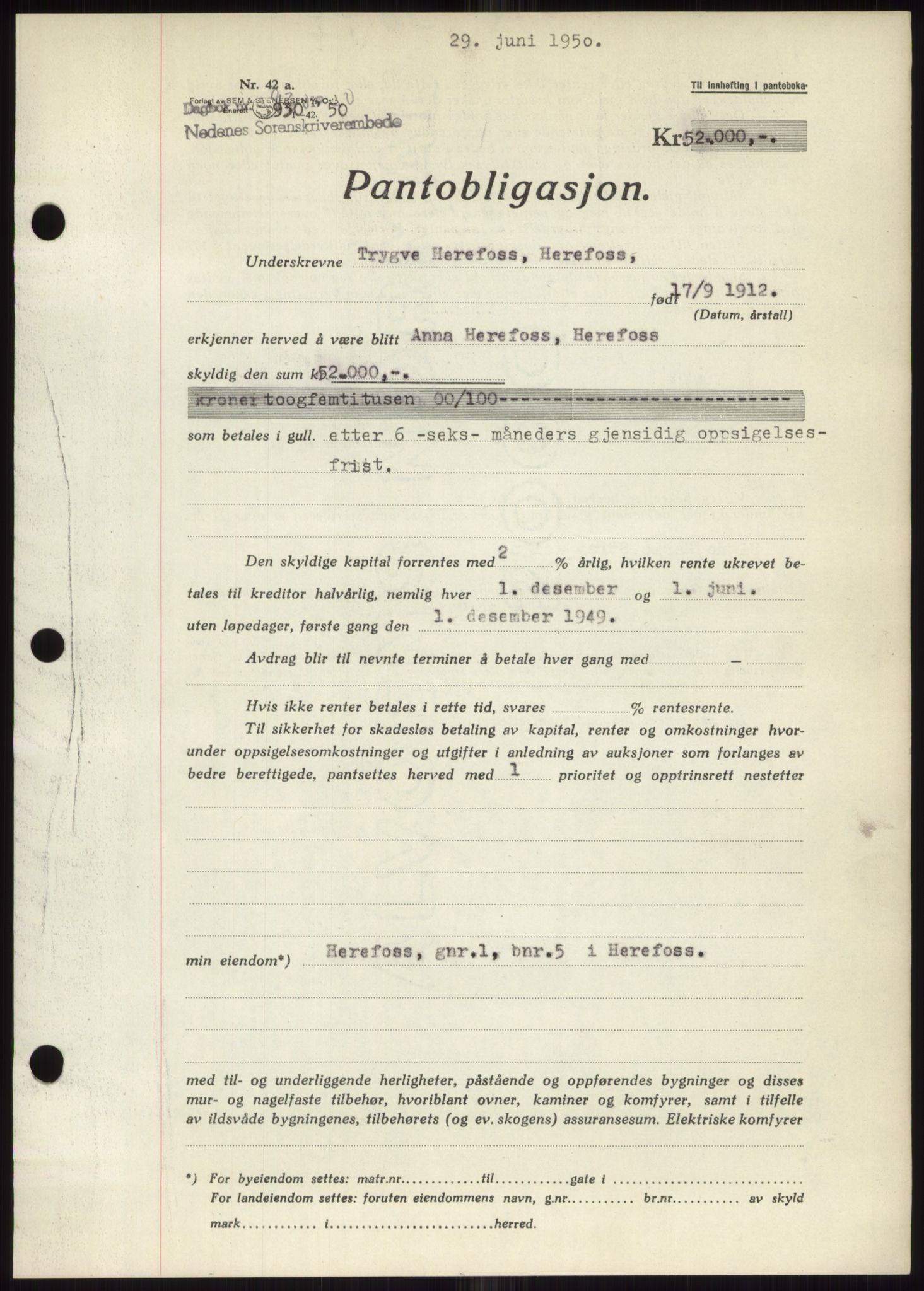 Nedenes sorenskriveri, AV/SAK-1221-0006/G/Gb/Gbb/L0007: Mortgage book no. B7, 1949-1950, Diary no: : 930/1950