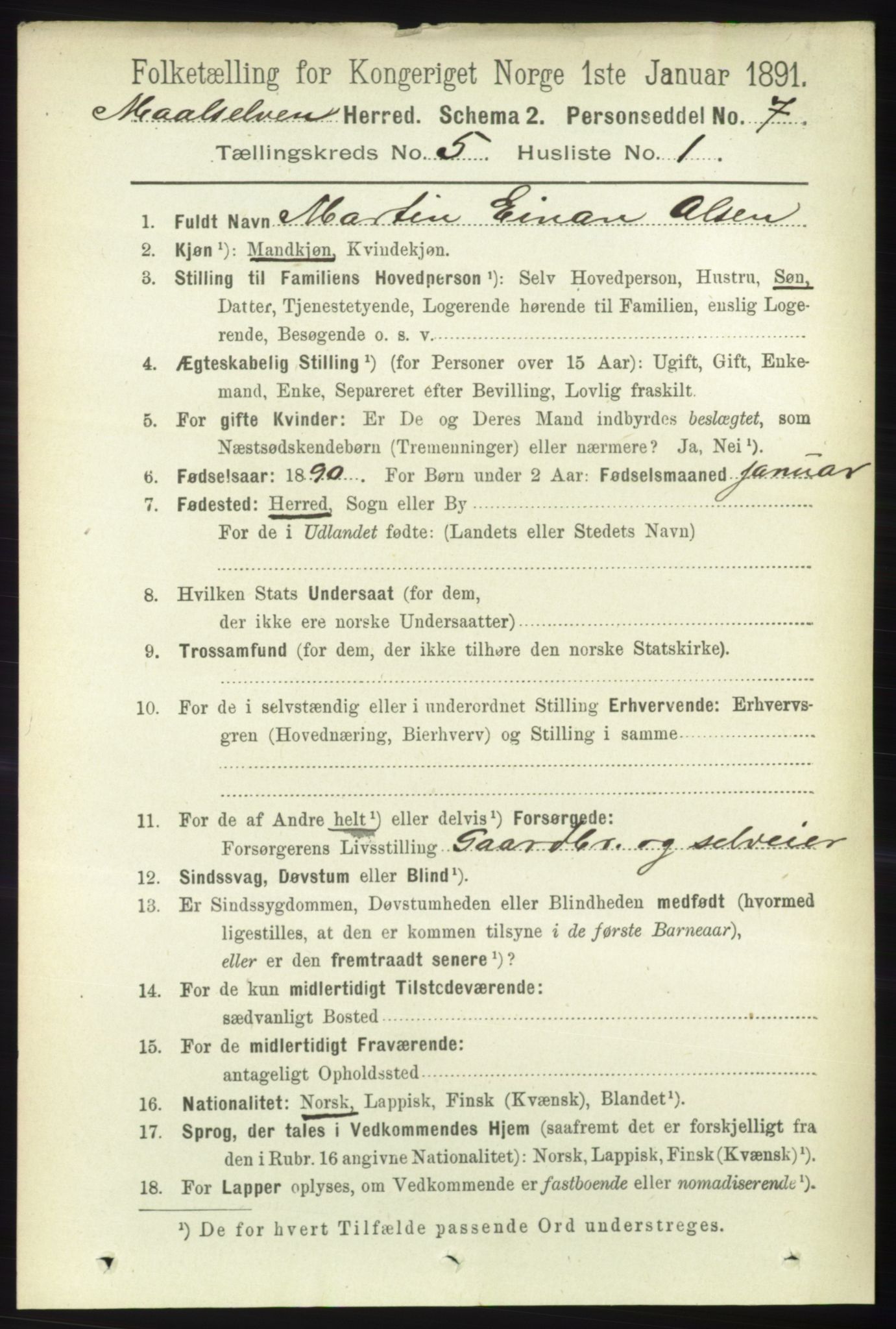 RA, 1891 census for 1924 Målselv, 1891, p. 1619