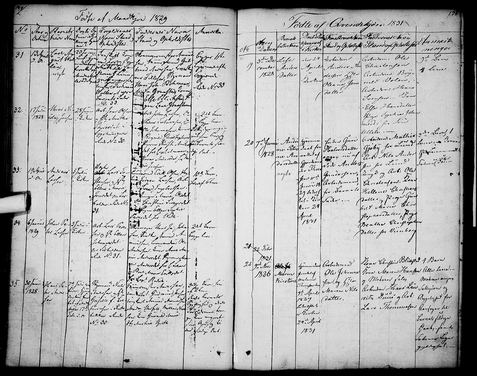 Halden prestekontor Kirkebøker, AV/SAO-A-10909/F/Fa/L0004: Parish register (official) no. I 4, 1823-1834, p. 134-135