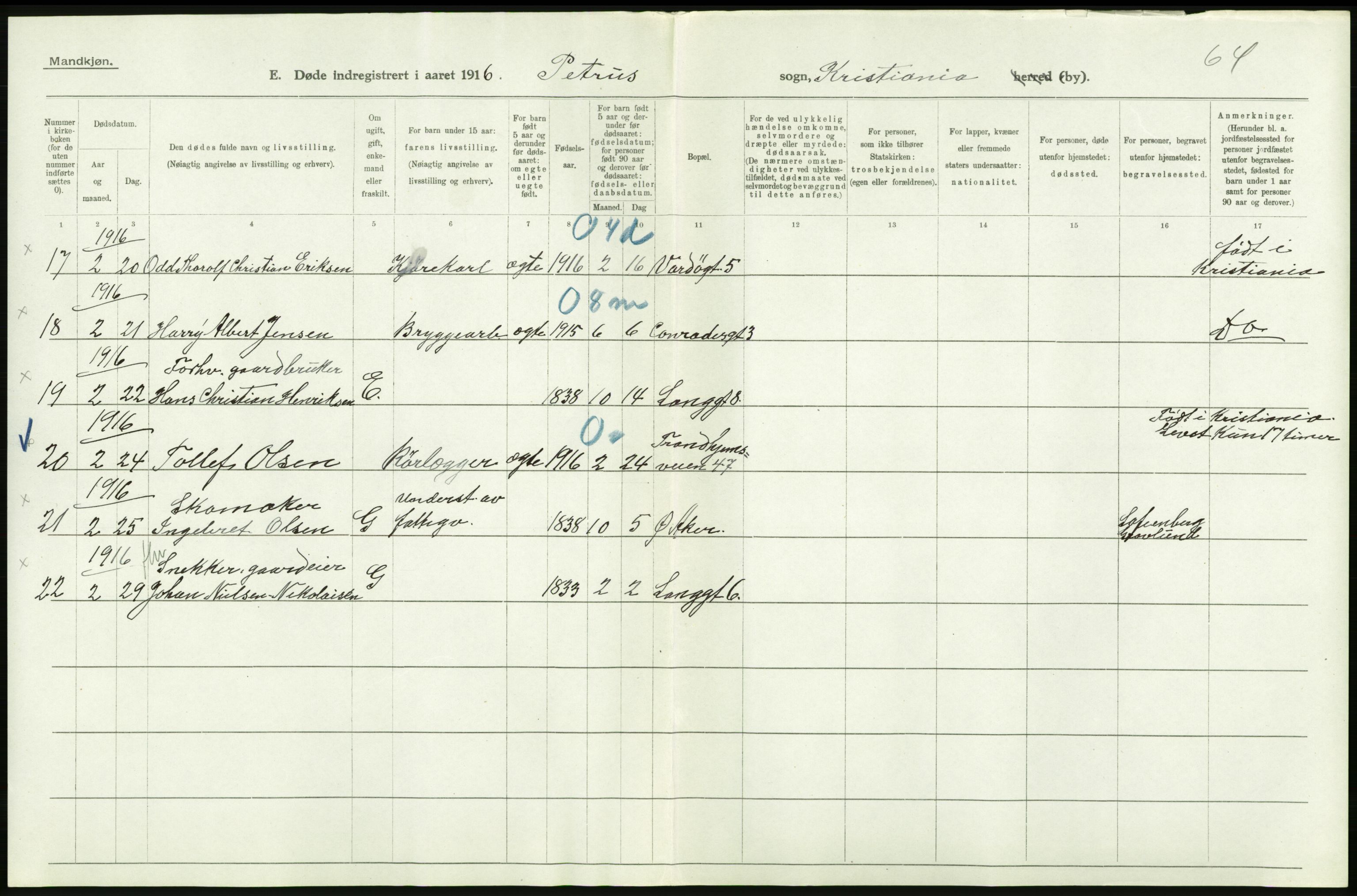 Statistisk sentralbyrå, Sosiodemografiske emner, Befolkning, AV/RA-S-2228/D/Df/Dfb/Dfbf/L0009: Kristiania: Døde., 1916, p. 80