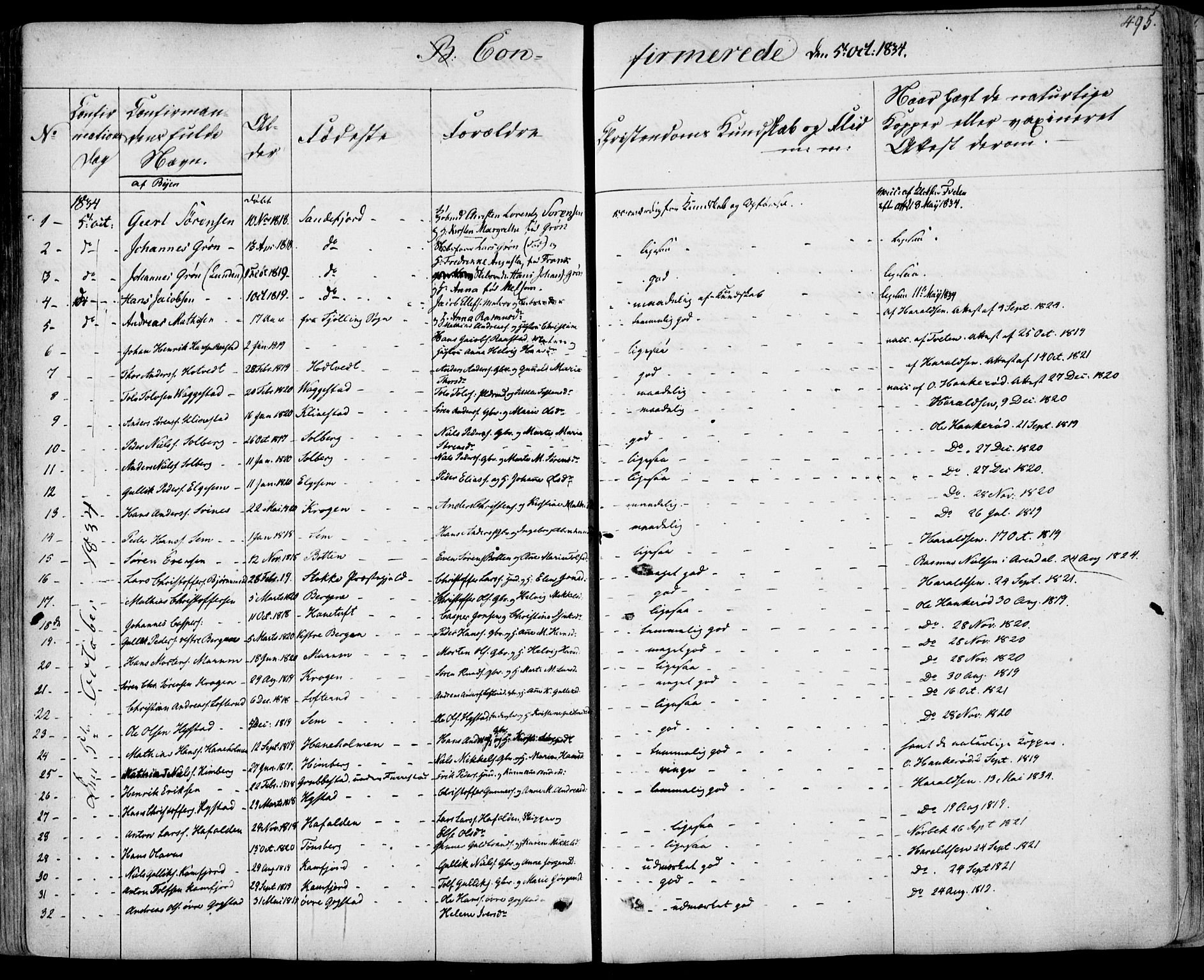 Sandar kirkebøker, SAKO/A-243/F/Fa/L0005: Parish register (official) no. 5, 1832-1847, p. 494-495