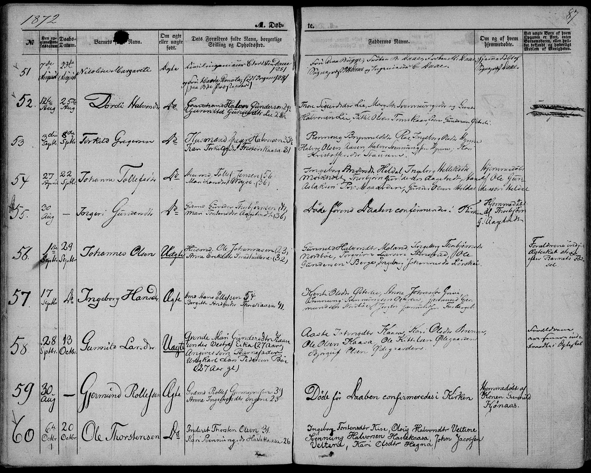 Bø kirkebøker, SAKO/A-257/F/Fa/L0009: Parish register (official) no. 9, 1862-1879, p. 87