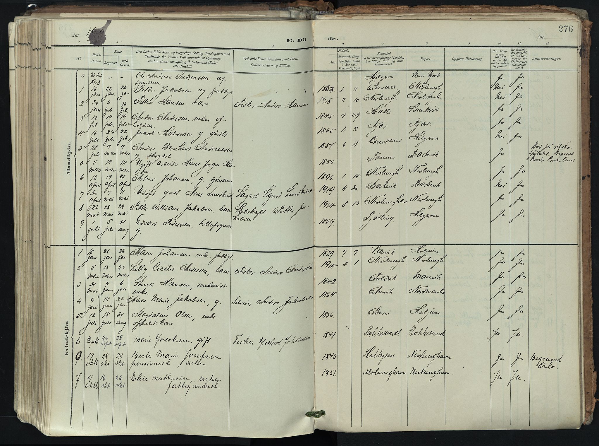 Brunlanes kirkebøker, SAKO/A-342/F/Fb/L0003: Parish register (official) no. II 3, 1900-1922, p. 276