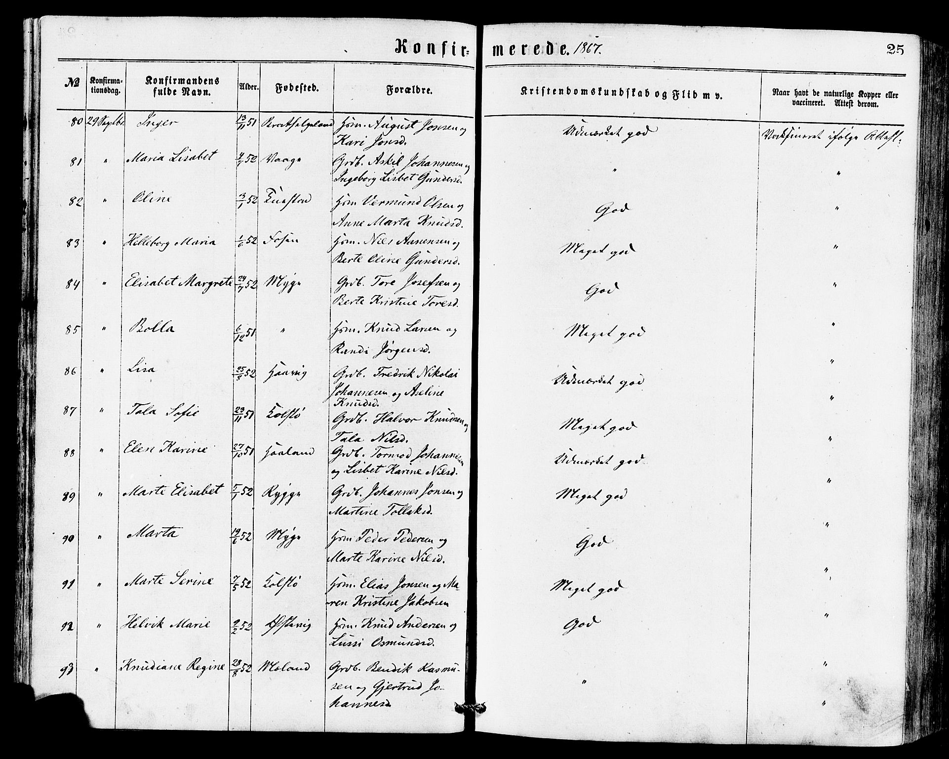 Avaldsnes sokneprestkontor, AV/SAST-A -101851/H/Ha/Haa/L0012: Parish register (official) no. A 12, 1865-1880, p. 25