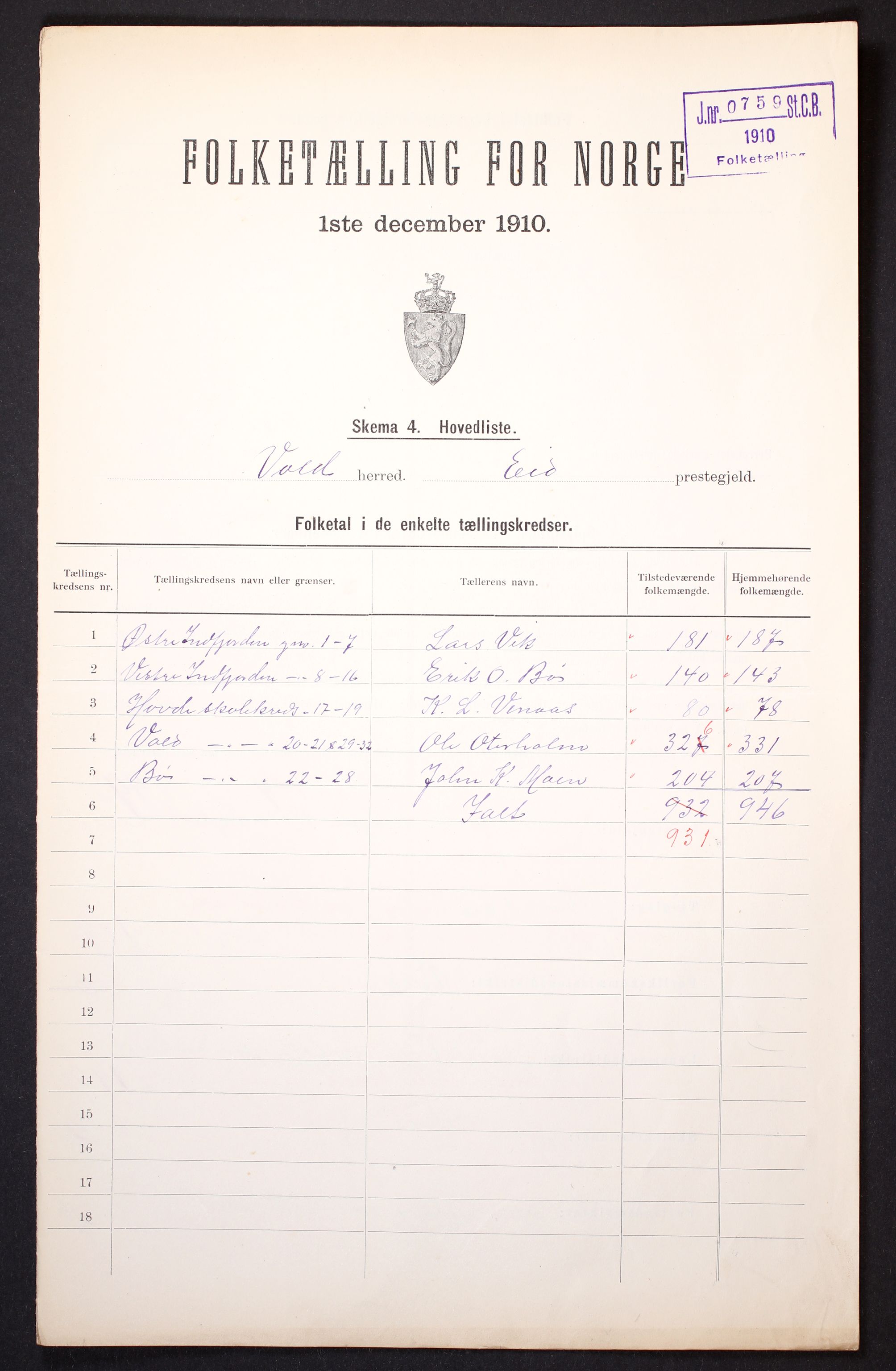 RA, 1910 census for Voll, 1910, p. 2