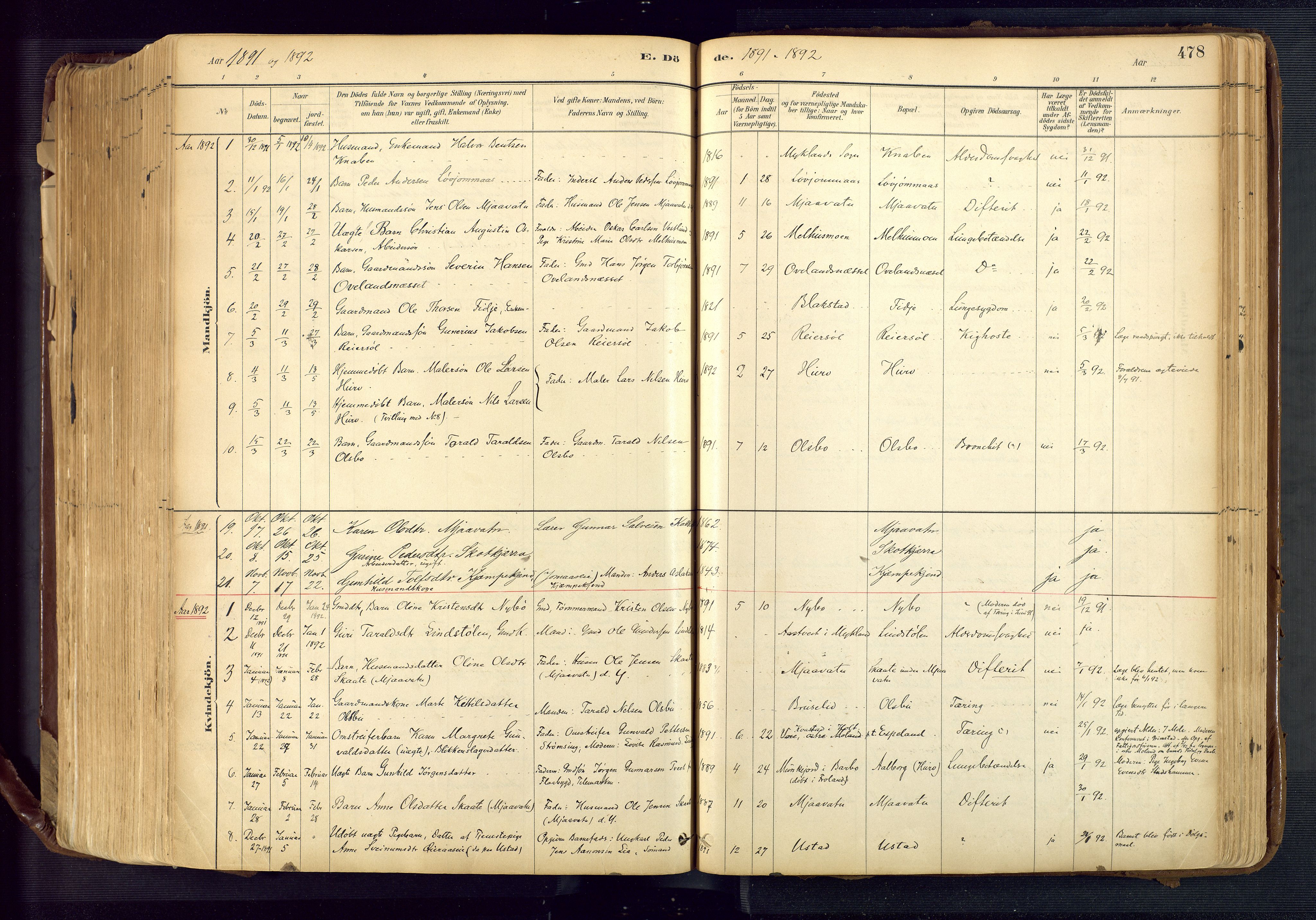 Froland sokneprestkontor, AV/SAK-1111-0013/F/Fa/L0005: Parish register (official) no. A 5, 1882-1921, p. 478