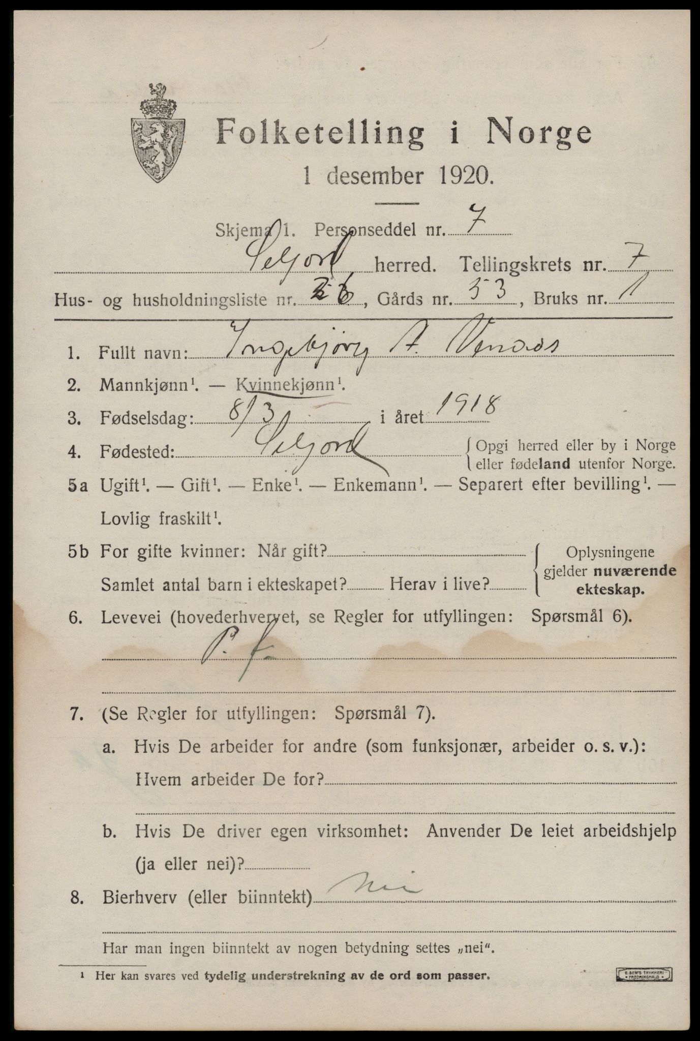 SAKO, 1920 census for Seljord, 1920, p. 3890