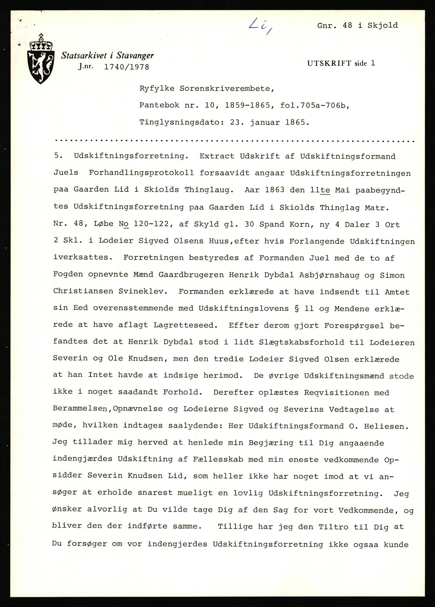 Statsarkivet i Stavanger, AV/SAST-A-101971/03/Y/Yj/L0053: Avskrifter sortert etter gårdsnavn: Leigvam - Liland, 1750-1930, p. 240