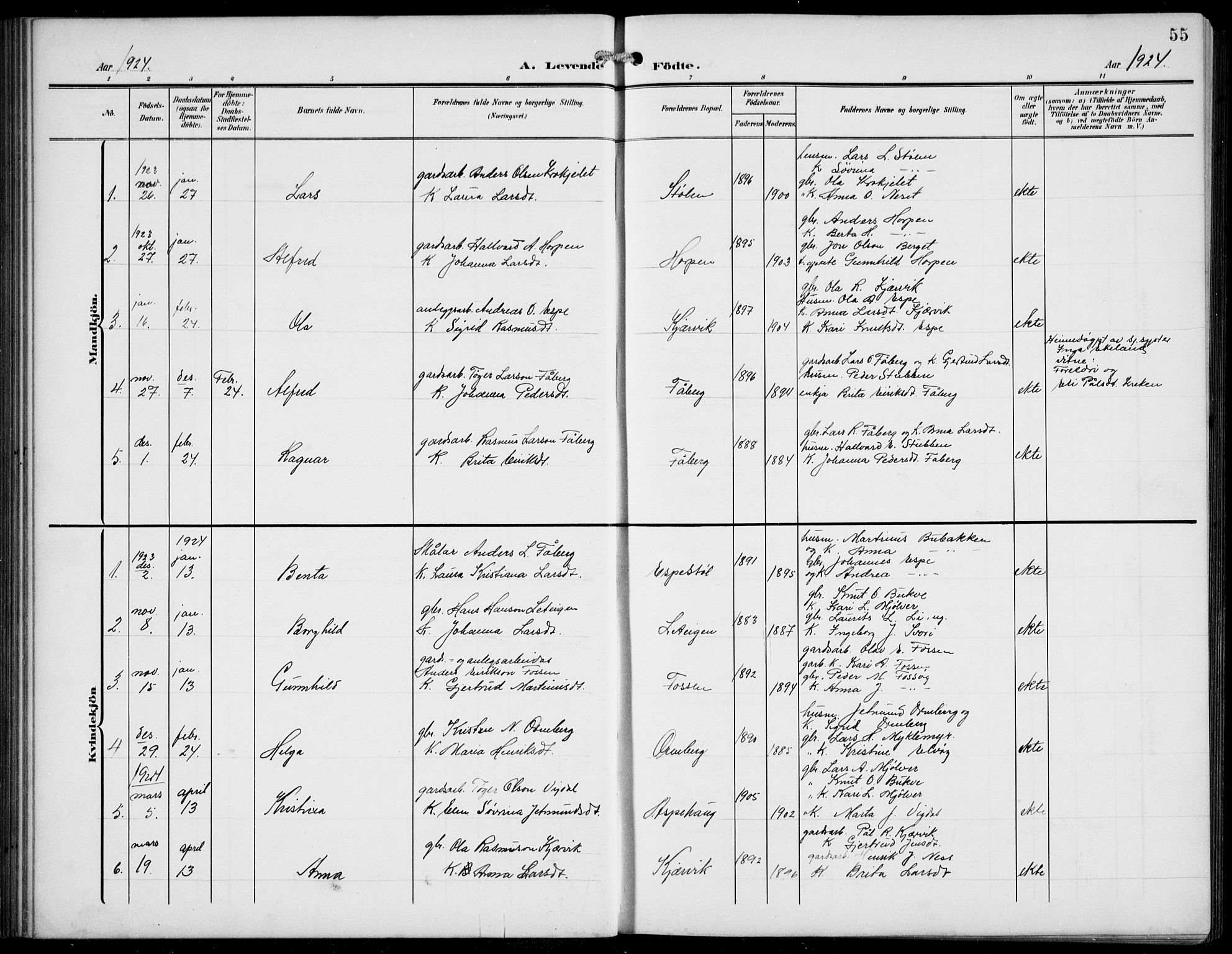 Jostedal sokneprestembete, AV/SAB-A-80601/H/Hab/Haba/L0002: Parish register (copy) no. A 2, 1907-1931, p. 55